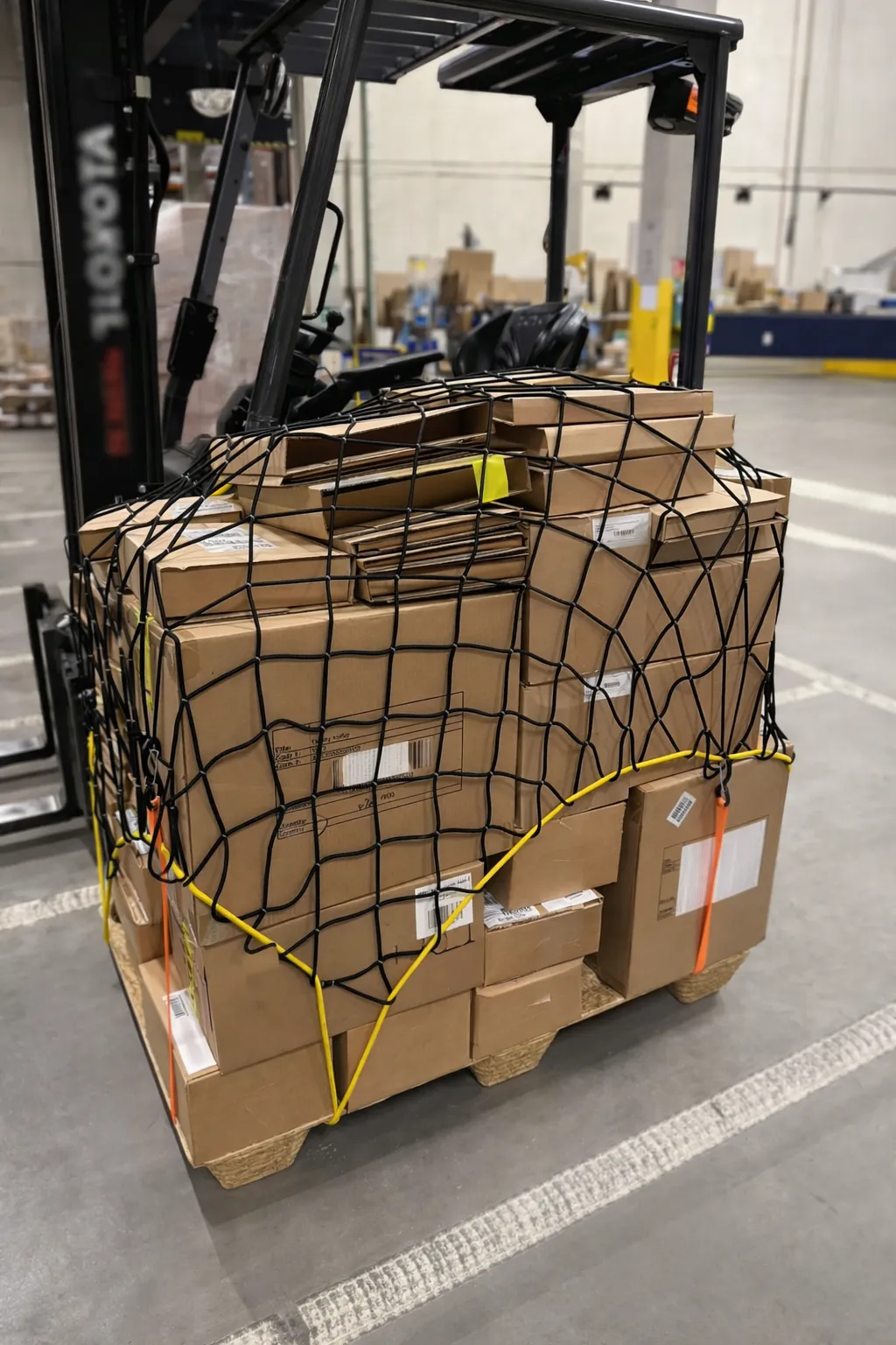 A pile of packages in a warehouse secured with a net holding them together