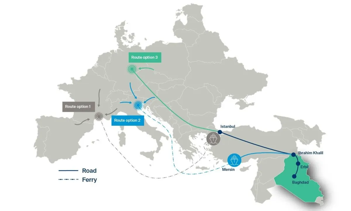 Middle East Africa Turkey- Iraq- Europe- road logistics map