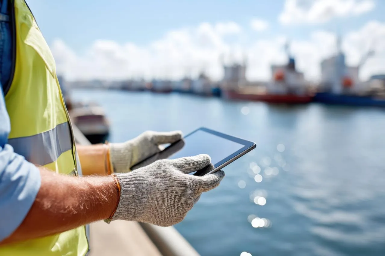 Logistics worker using a tablet at a harbour.