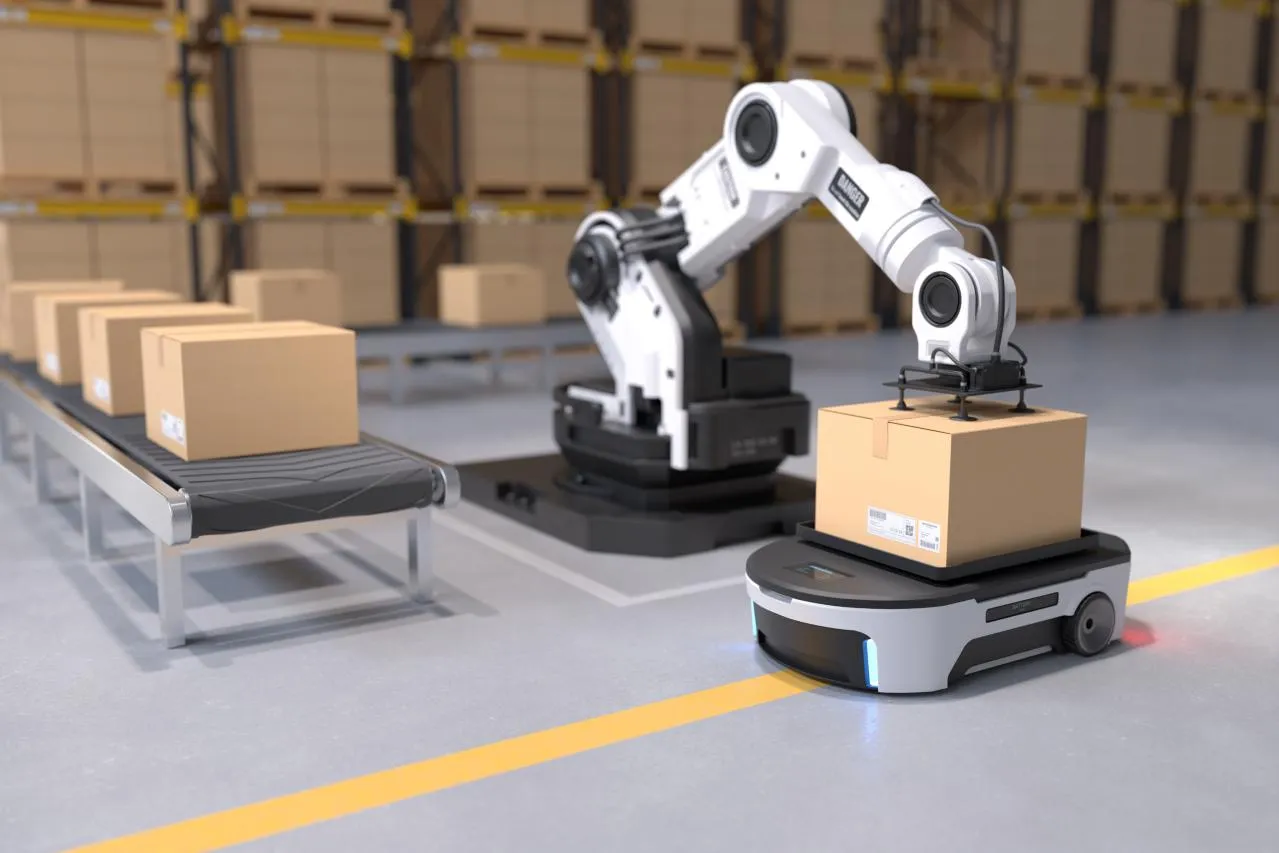 3D illustration of an autonomous robot arm picking boxes at a warehouse.