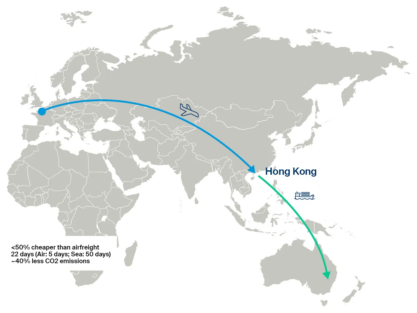 Healthcare products map with the Hong Kong line, showing cheaper than airfreight
