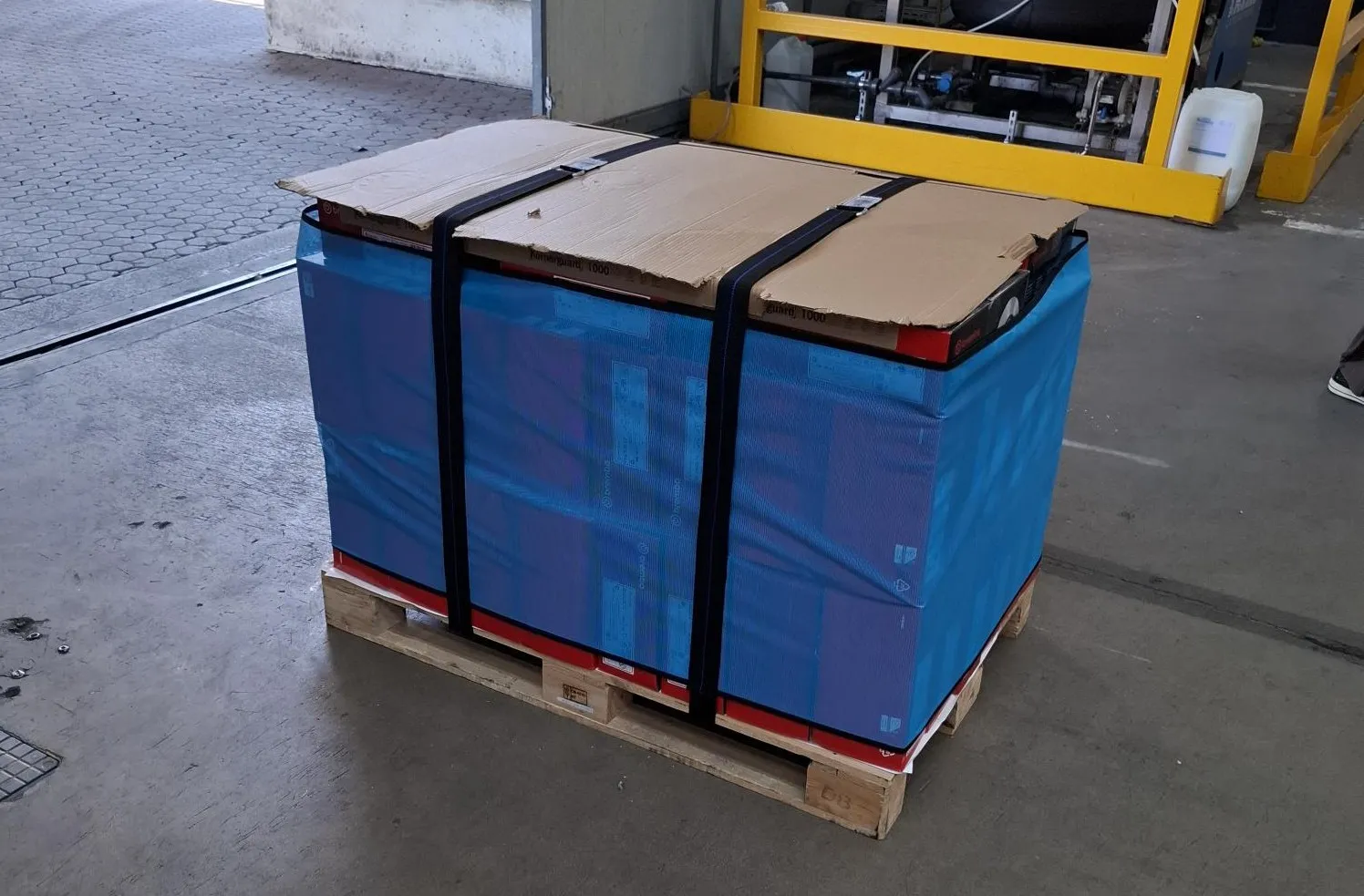 Pallet wrapped with sustainable straps.