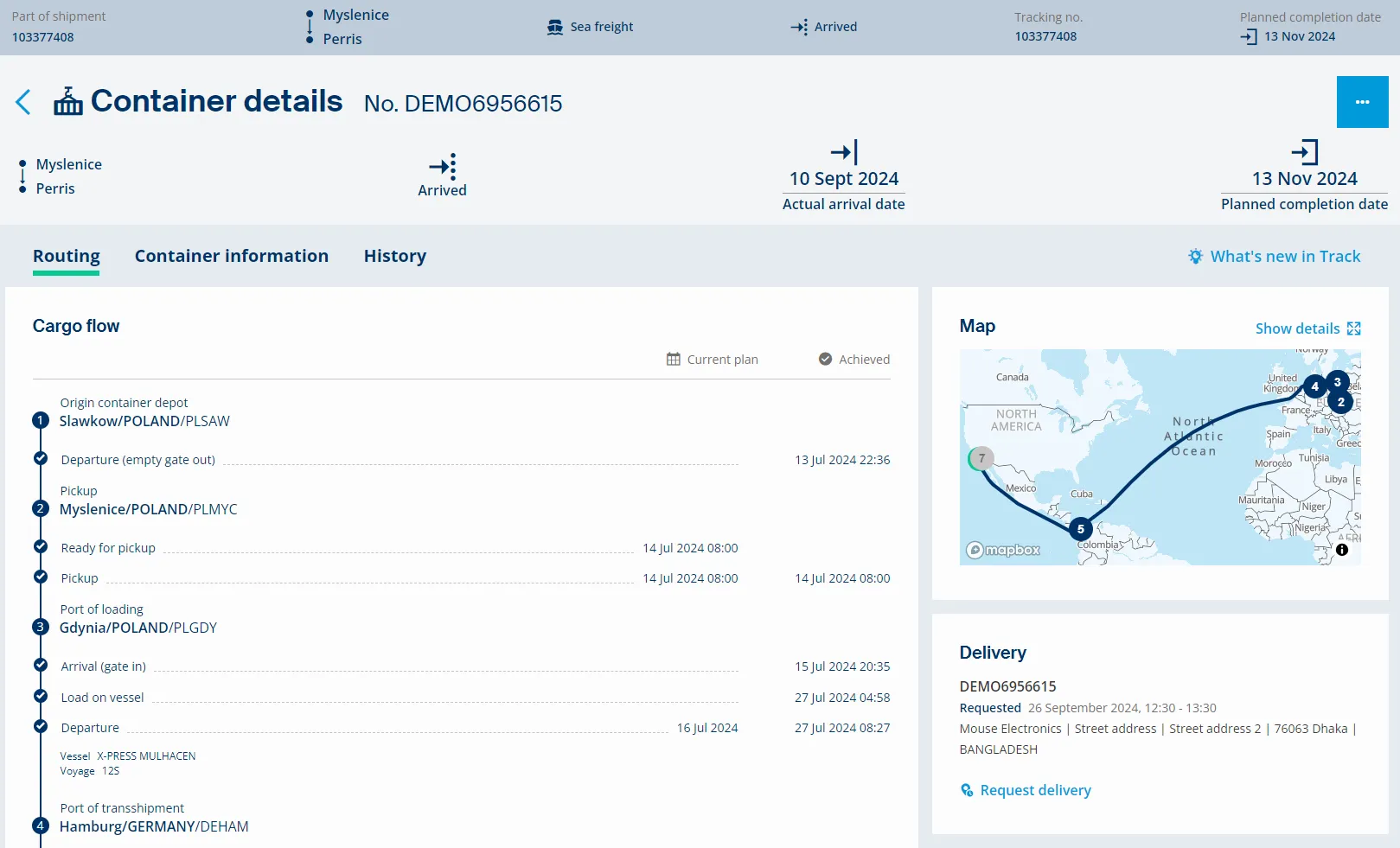 The delivery request can be accessed either via the action button in the shipment/container detail screen or the shipment/container overview screen.