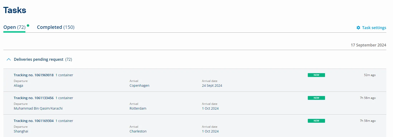 Request deliveries directly from the task without searching for shipments or container.