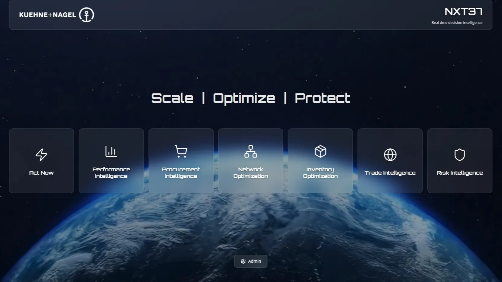 Kuehne+Nagel's NXT37 platform dashboard displaying supply chain intelligence and optimisation tools over a view of Earth from space.