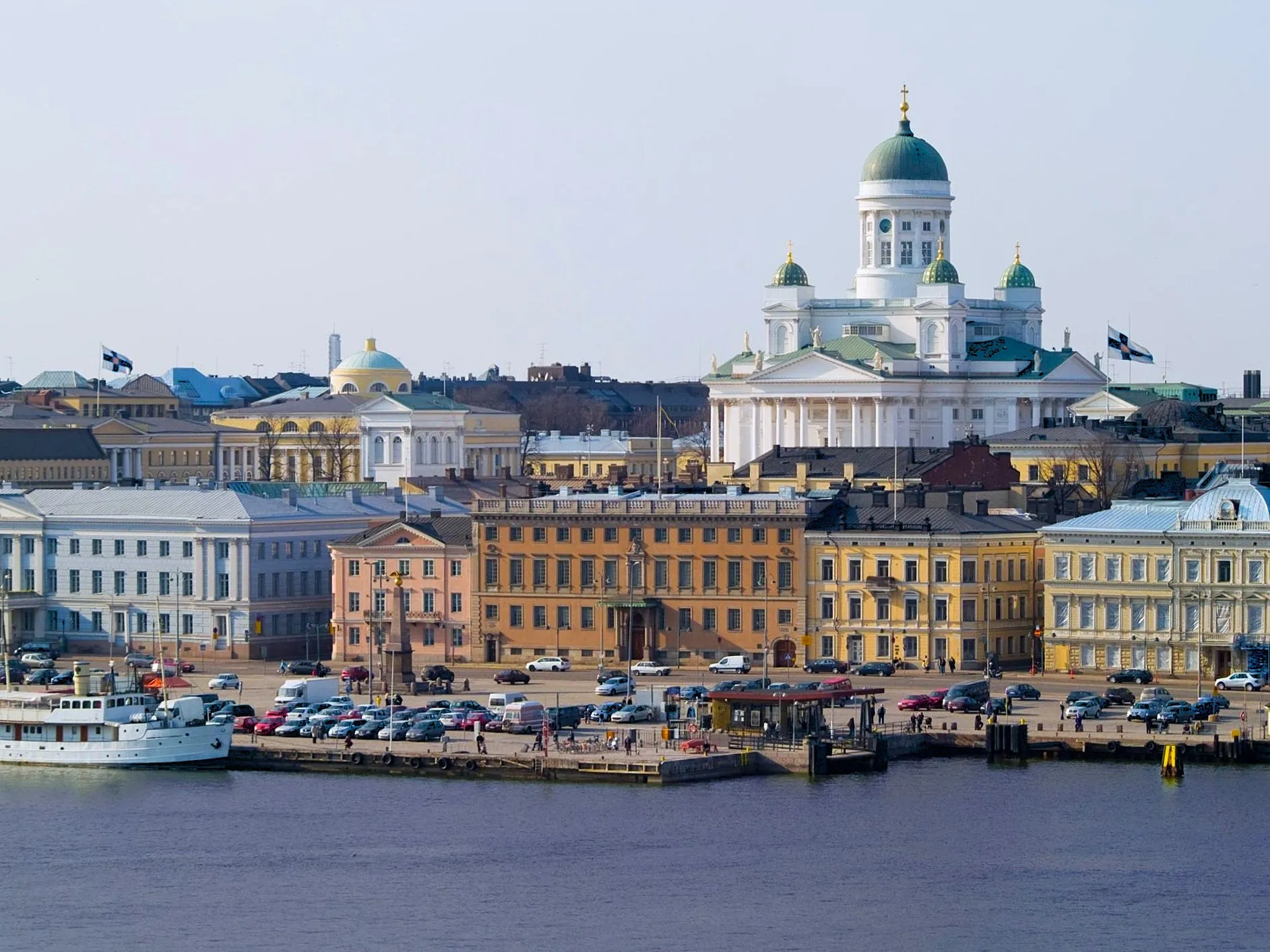 Port of Helsinki with the market square and main cathedral viewed from the sea.