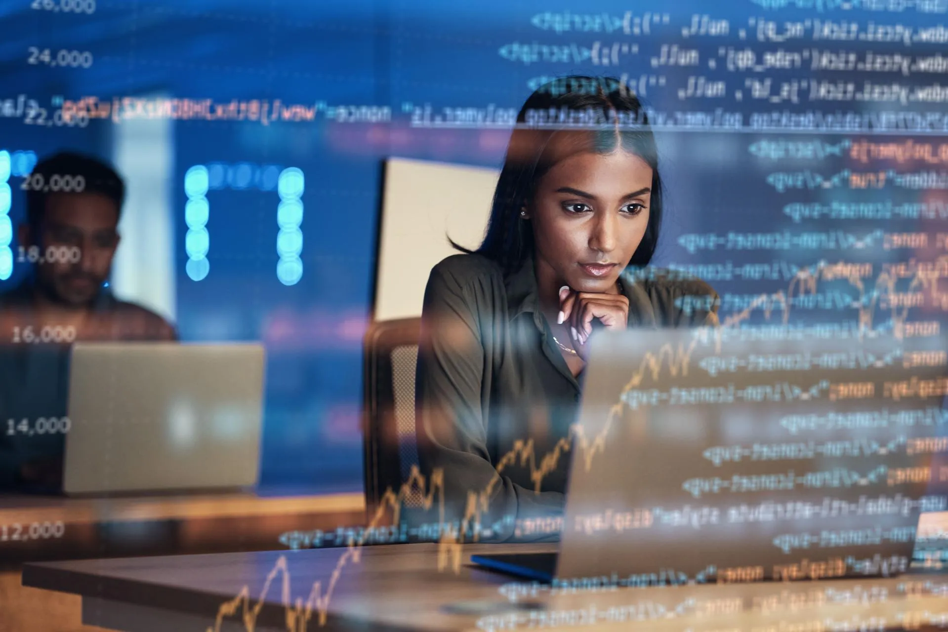 Code reflection and woman thinking of data analytics