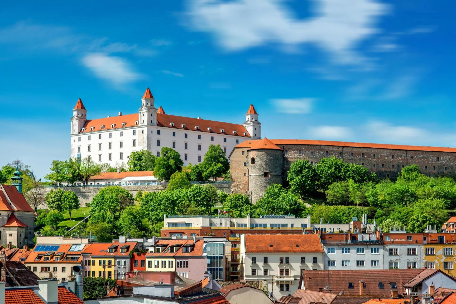 View of Bratislava castle from the old town at sunshine