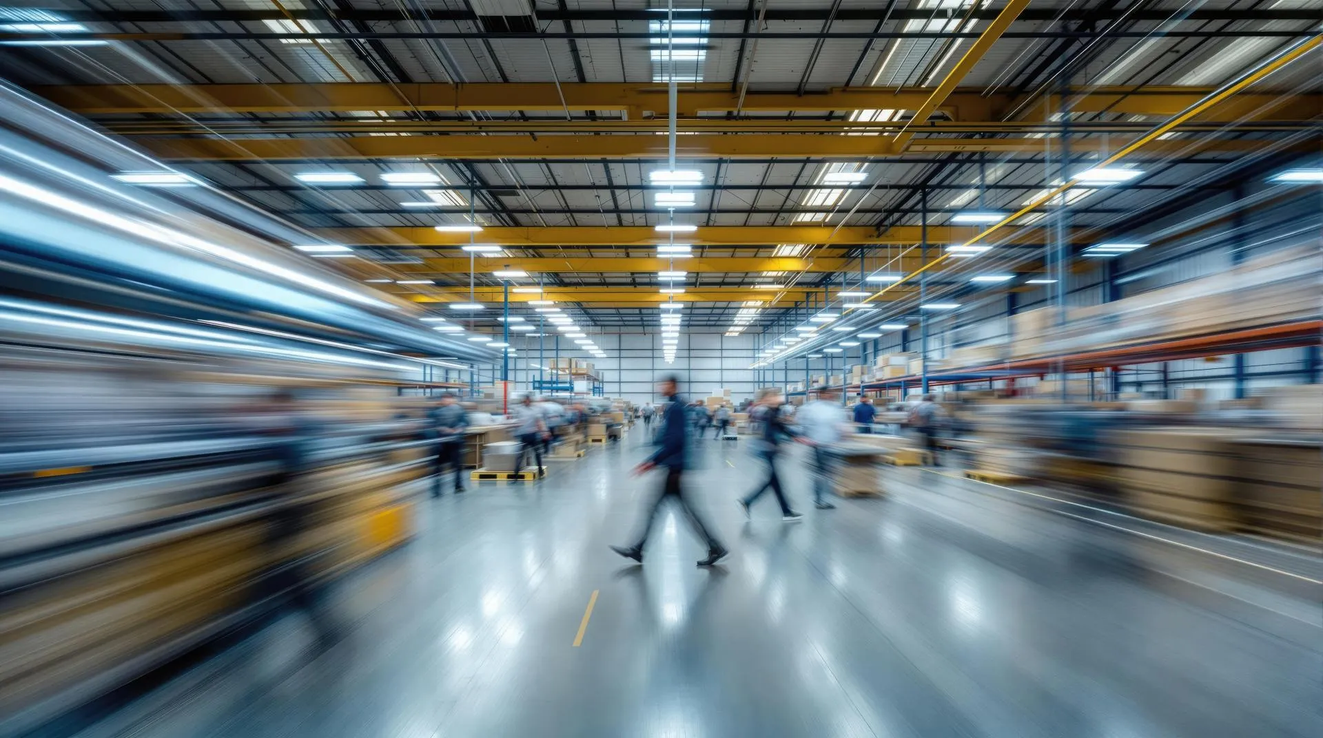Busy warehouse scene motion blur fast paced activity efficient logistics