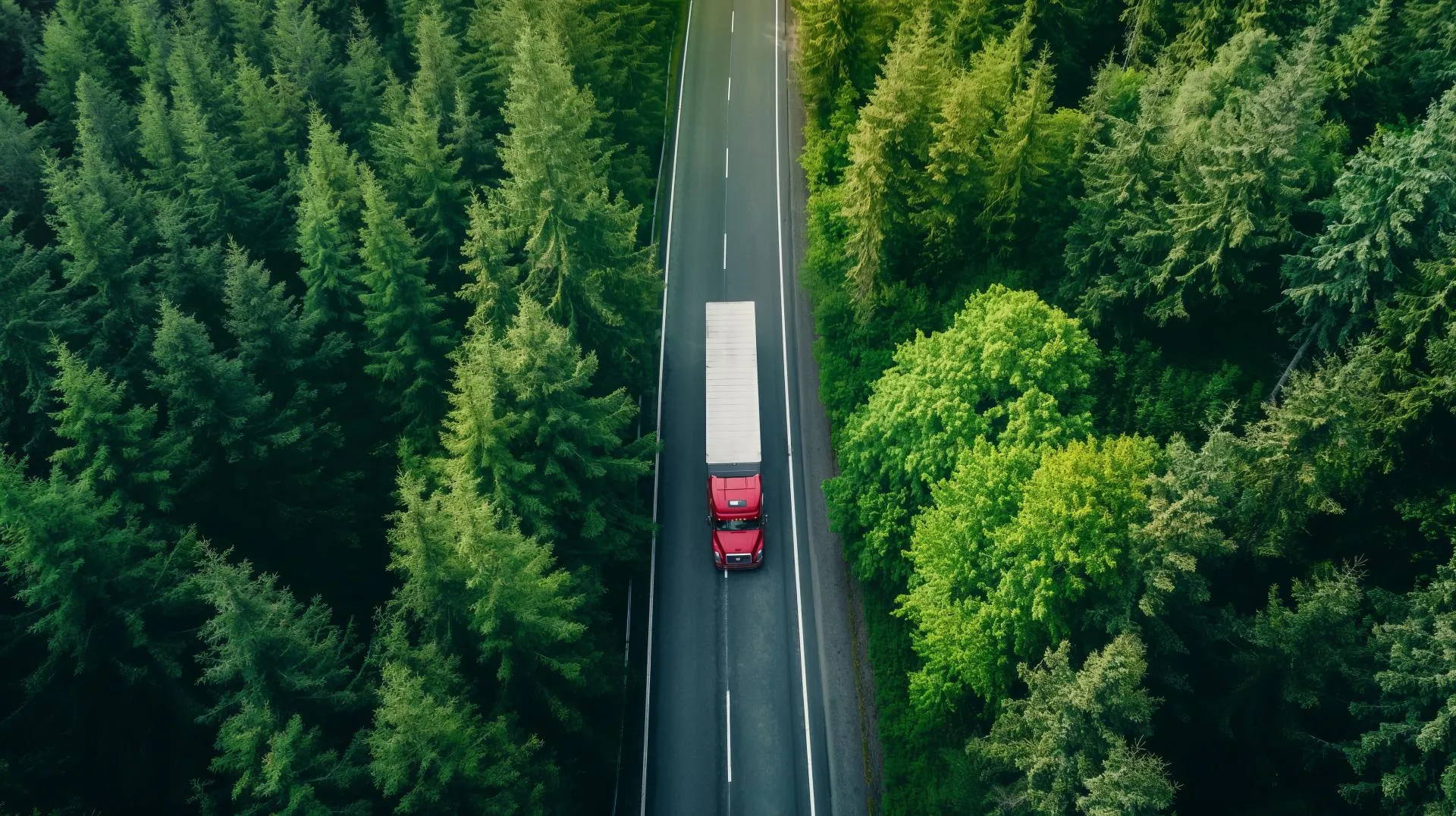 Aerial view of a red truck driving along a road surrounded by dense green forest.