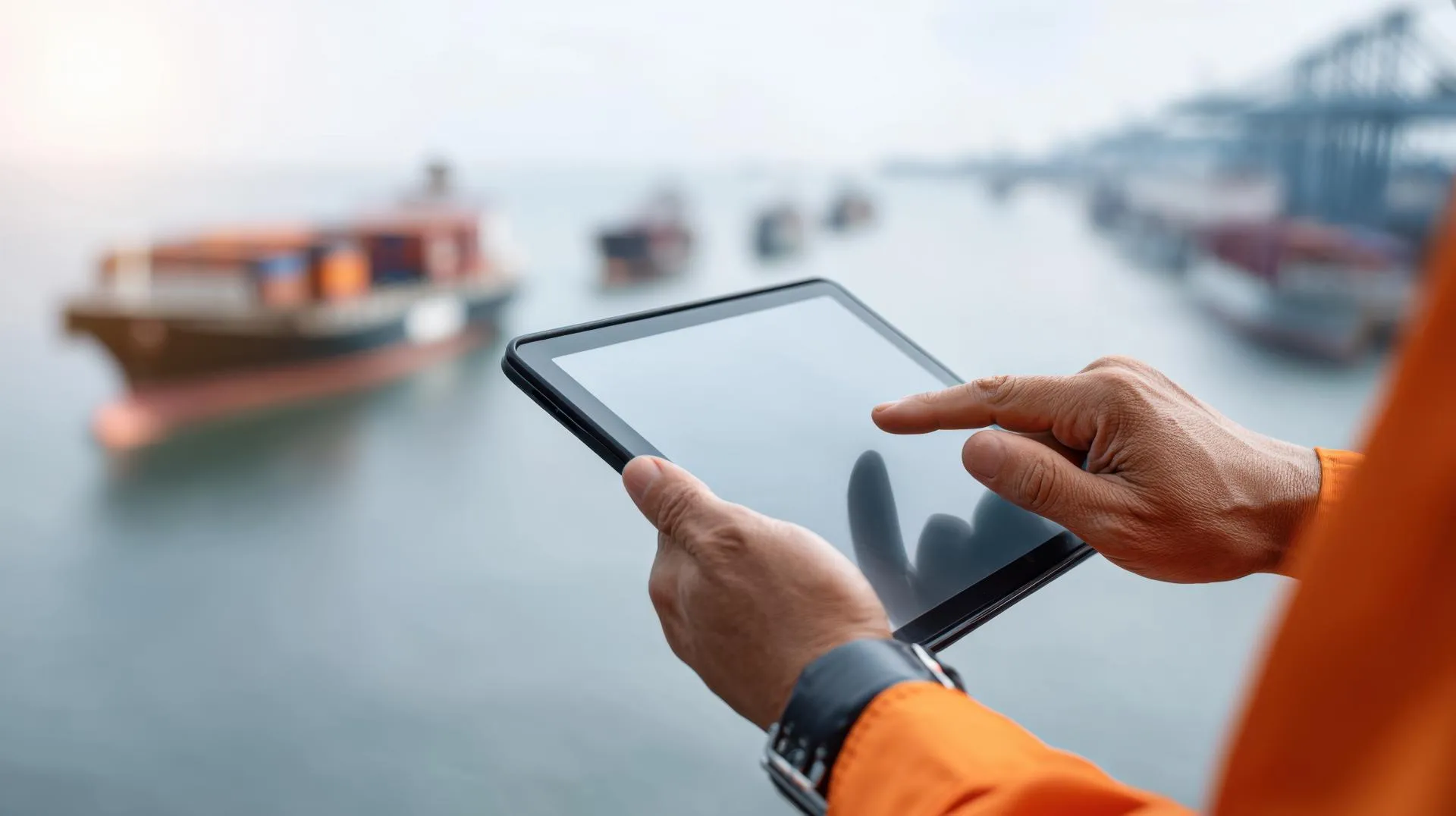 Close-up of an engineer checking a tablet with data, cargo ships seen blurred across the ocean horizon.