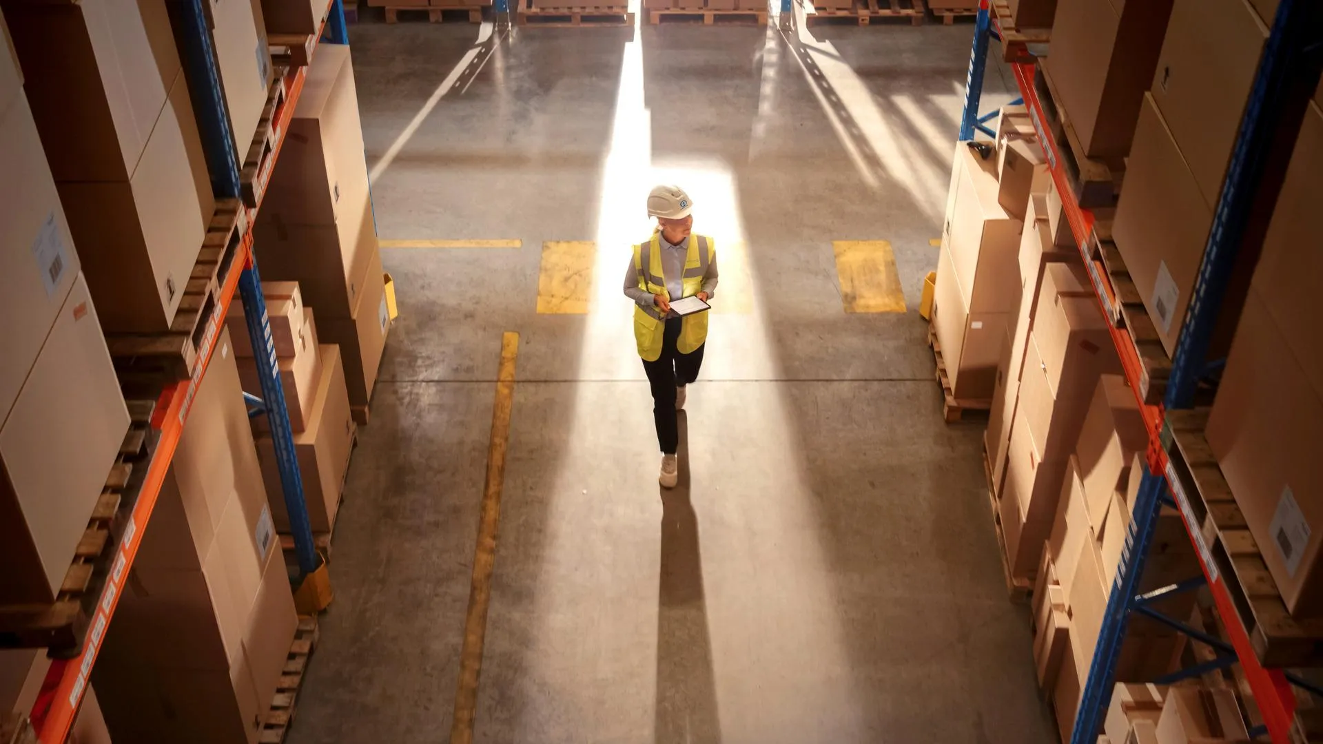 Top-Down View: Worker Wearing Hard Hat Checks Stock and Inventory Using Digital Tablet Computer in the Retail Warehouse full of Shelves with Goods. Working in Logistics, Distribution