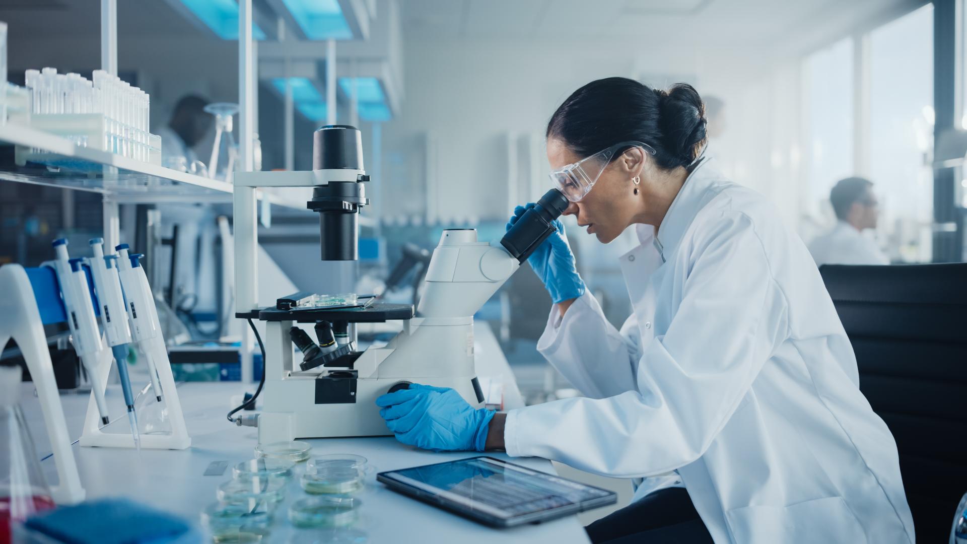 Female Scientist Looking Under Microscope in Laboratory