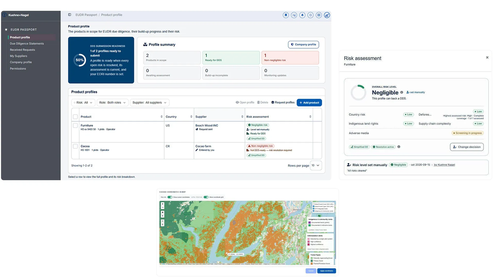 An overview of the key features available within Kuehne+Nagel’s all-in-one digital EUDR solution.