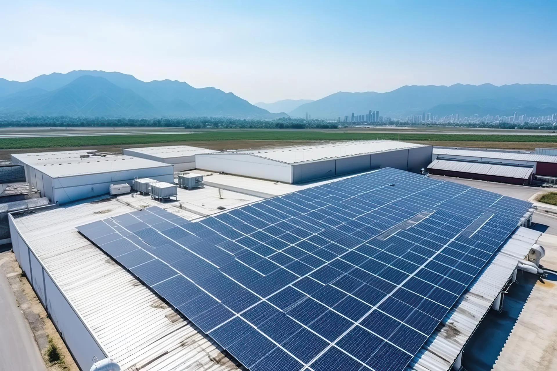 Solar panels installed on a roof of a large industrial building or a warehouse.