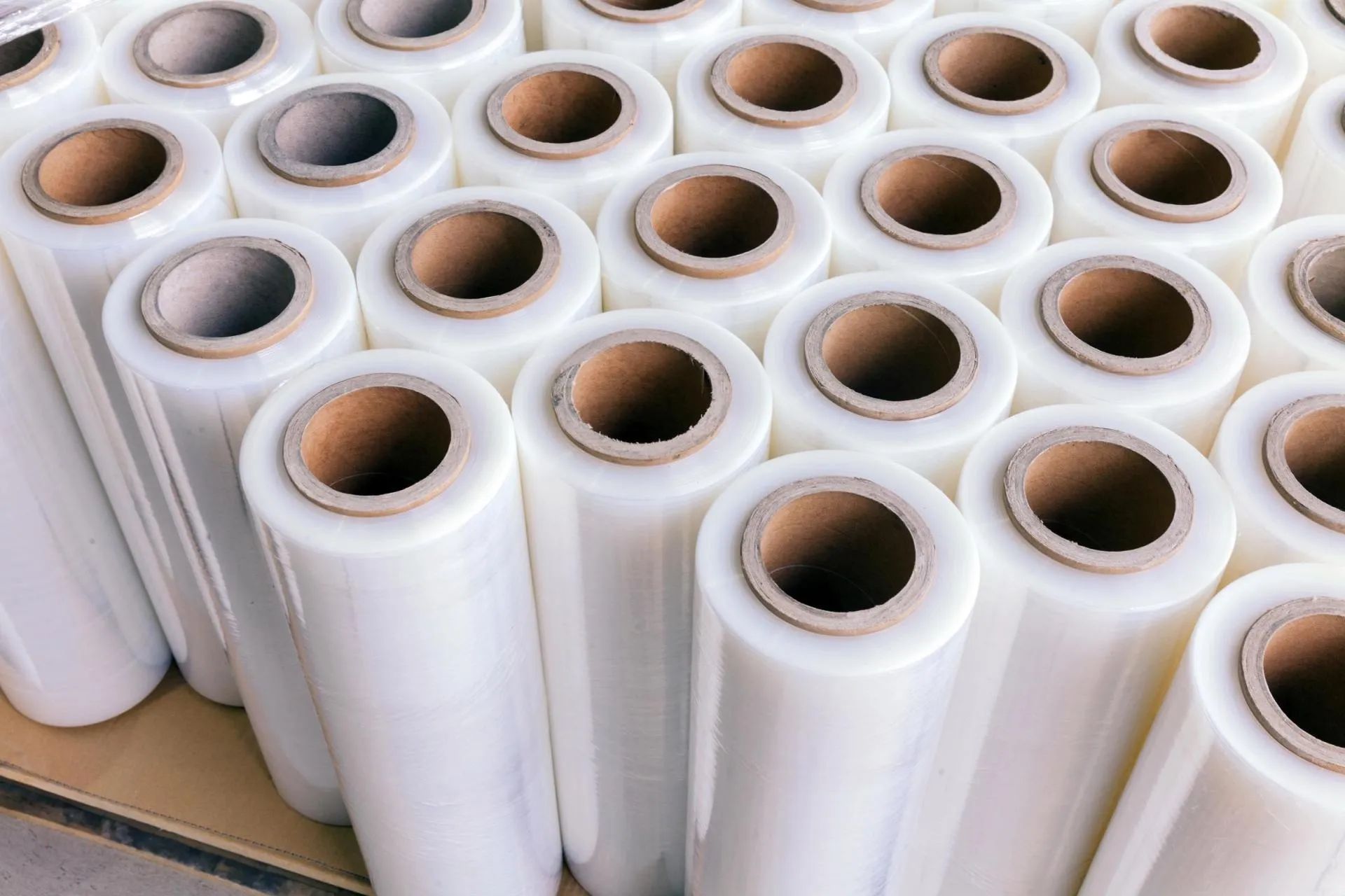 A lot of plastic strech foil rolls, warehouse material