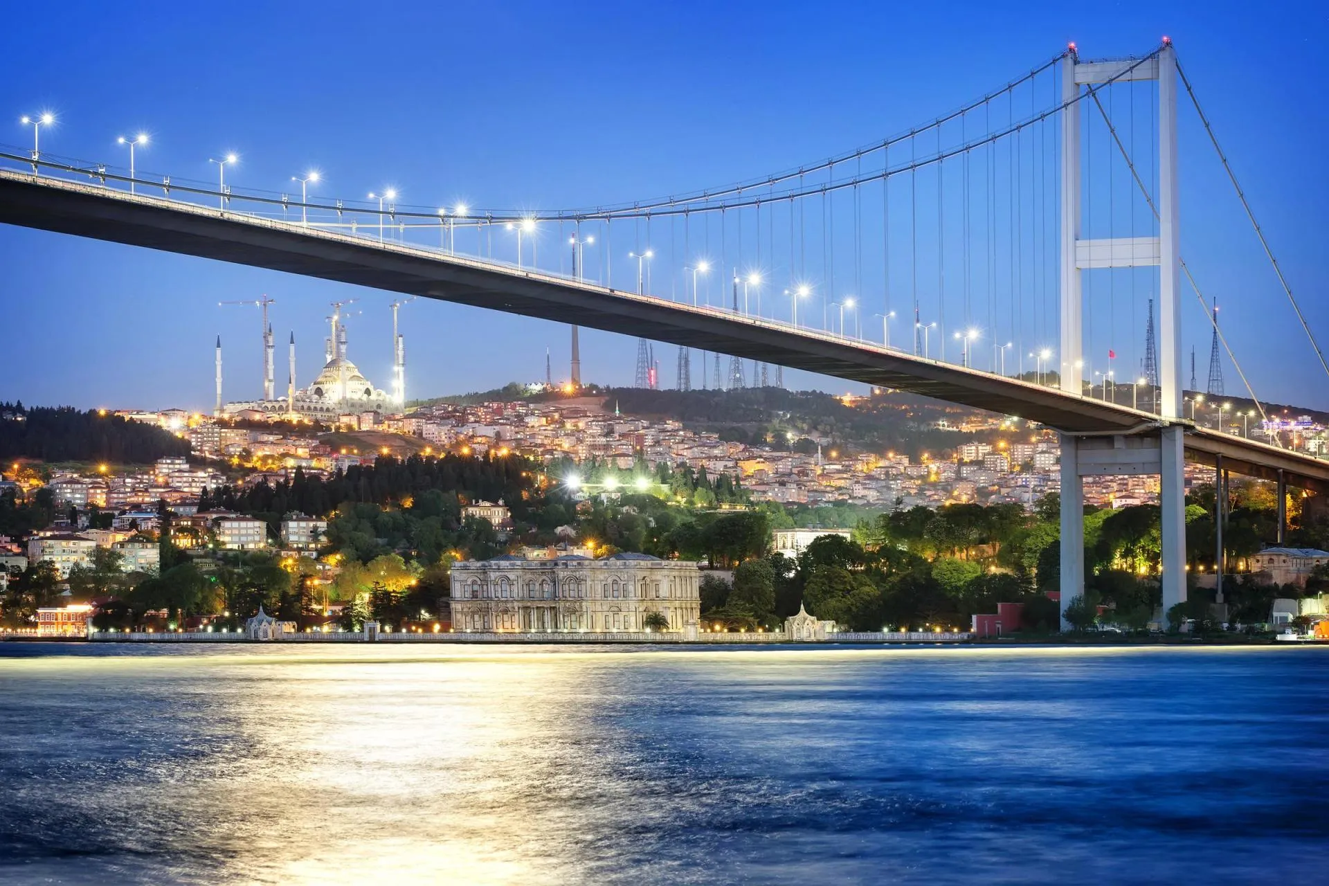 Bosphorus Bridge in Istanbul at night with moon path.