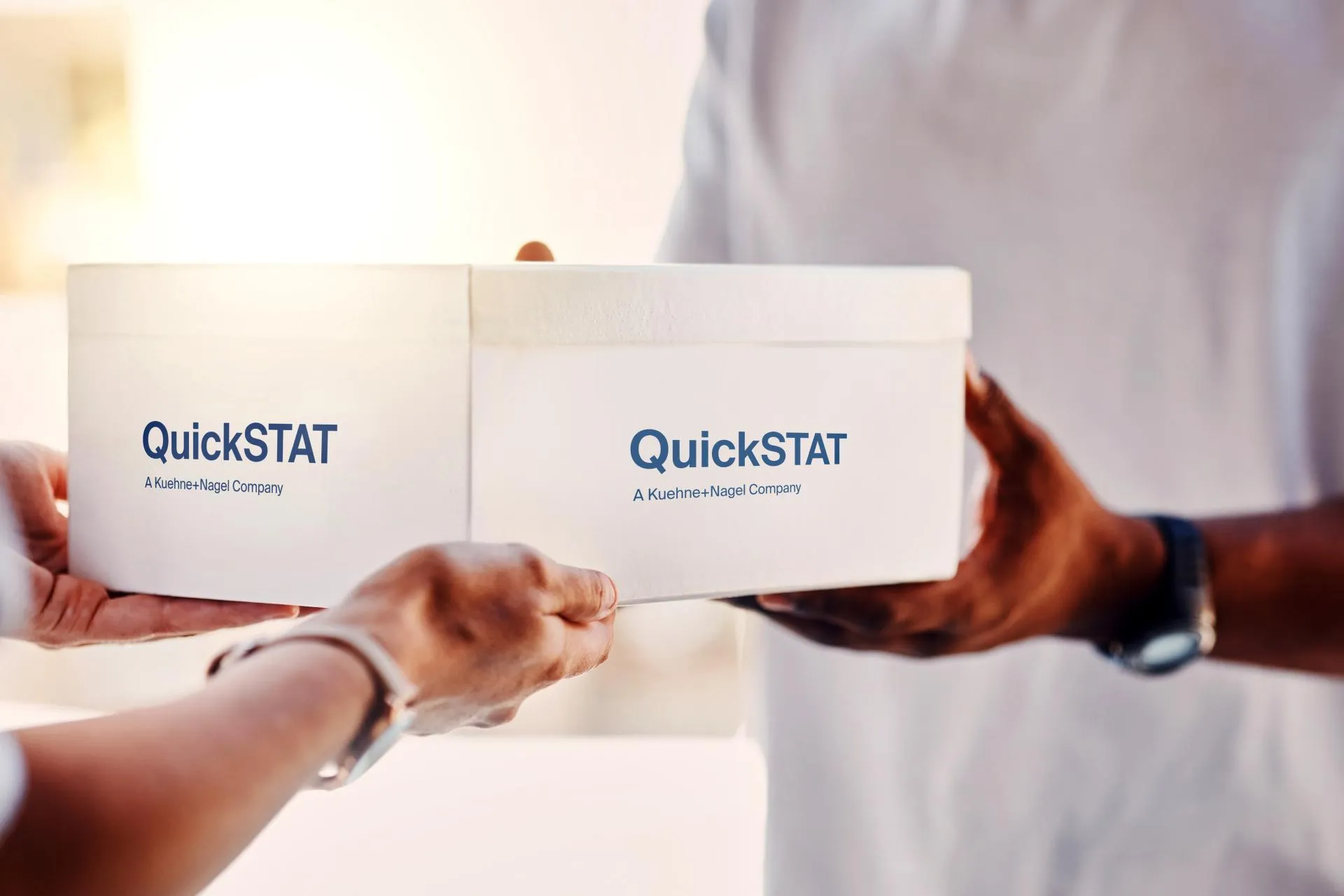 Pharmacy, delivery box and people hands for healthcare, package and ecommerce courier services. Shipping, pharmaceutical industry and telealth supplier giving mail, post or medicine to person at door.