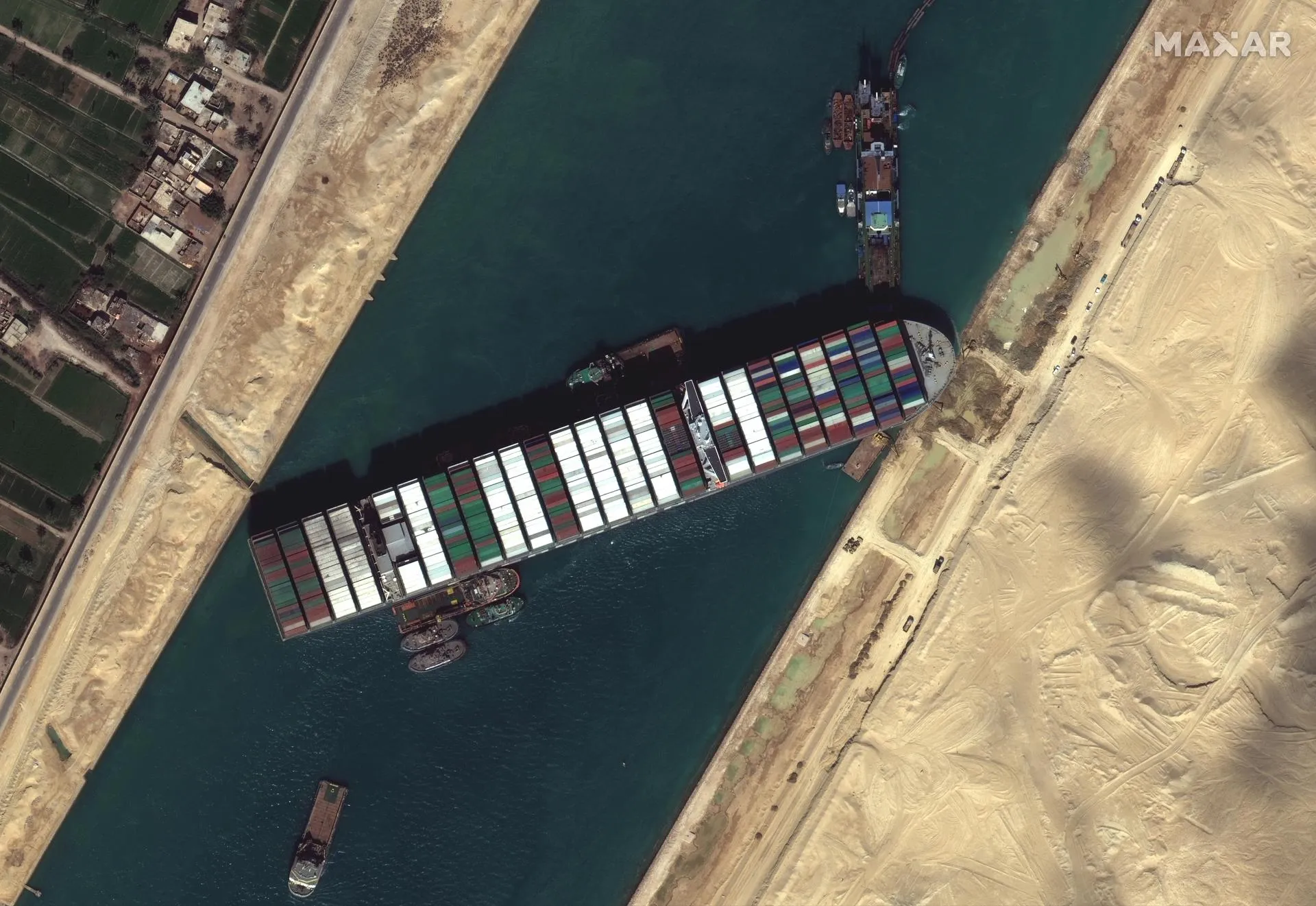 Aerial view of vessel stuck in Suez Canal