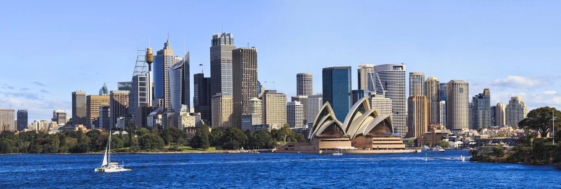 Australian SYdney cityline panorama from harbour with major skyscrapers forming landmark CBD