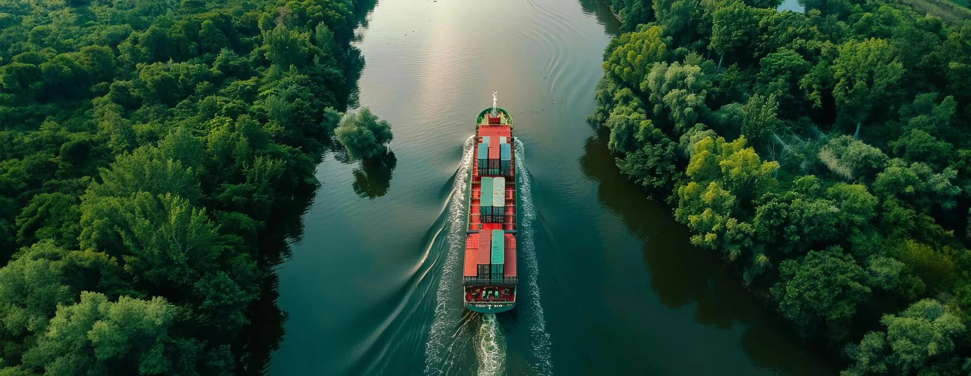 A barge carrying containers is sailing on a river surrounded by forests.