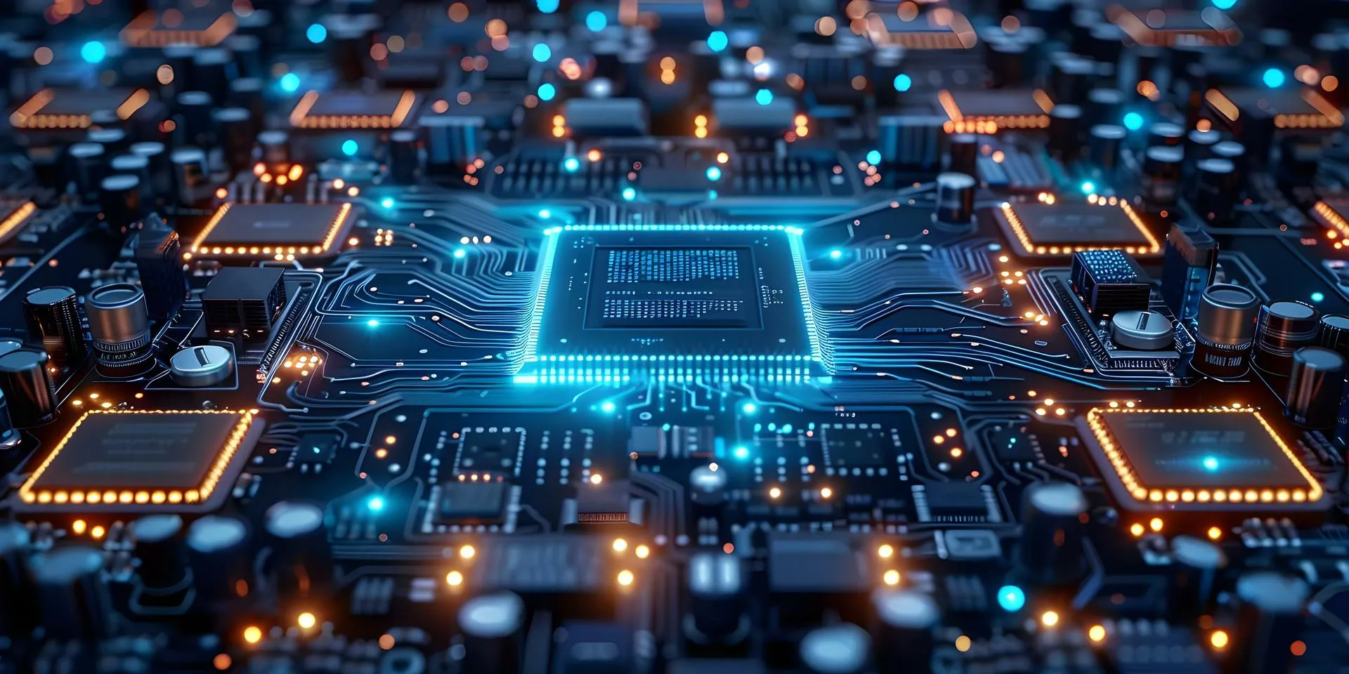 close-up of a computer motherboard with a glowing blue microprocessor surrounded by various electronic components and highlighted circuitry.