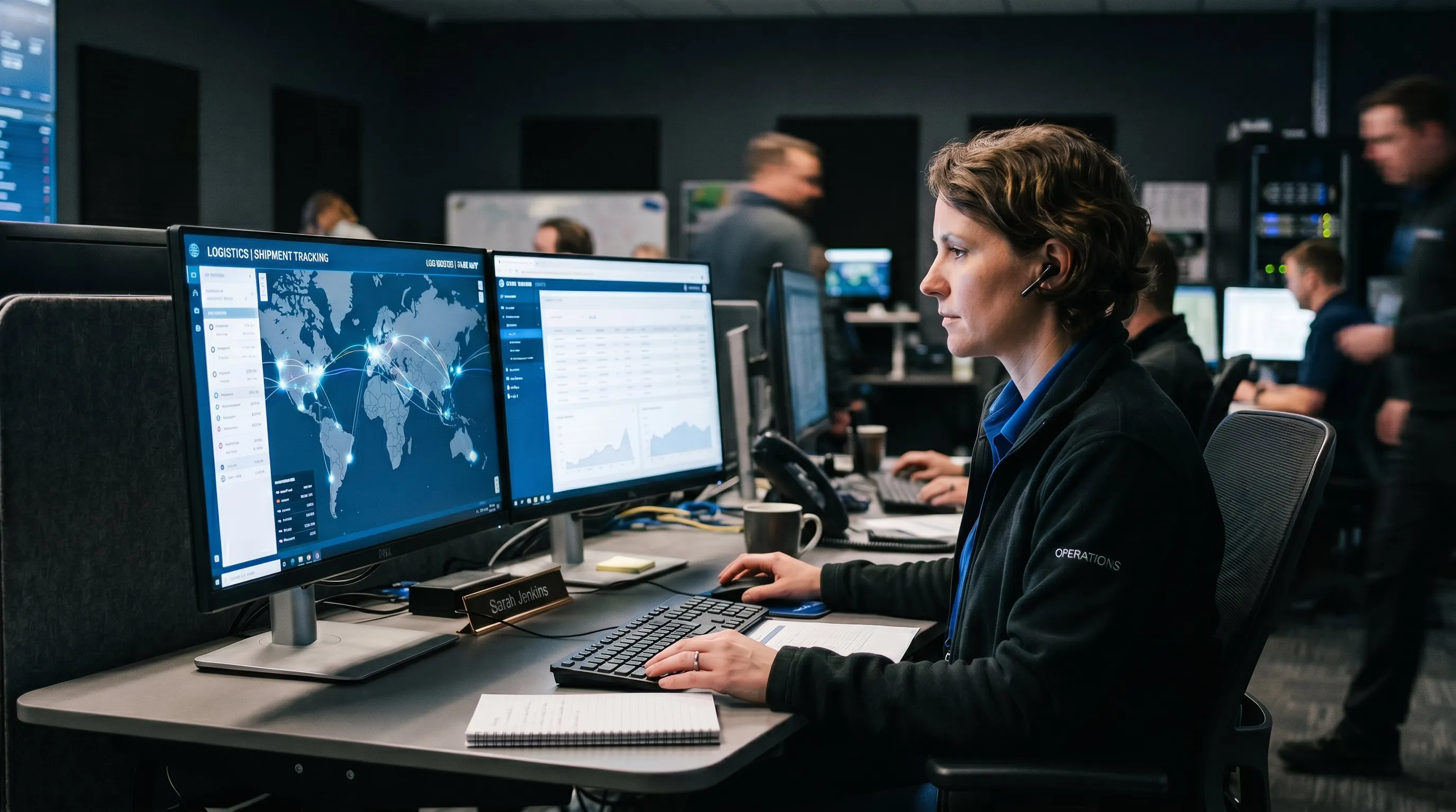 Logistics professional monitoring supply chain operations on multiple screens displaying global network and performance data in a control centre.
