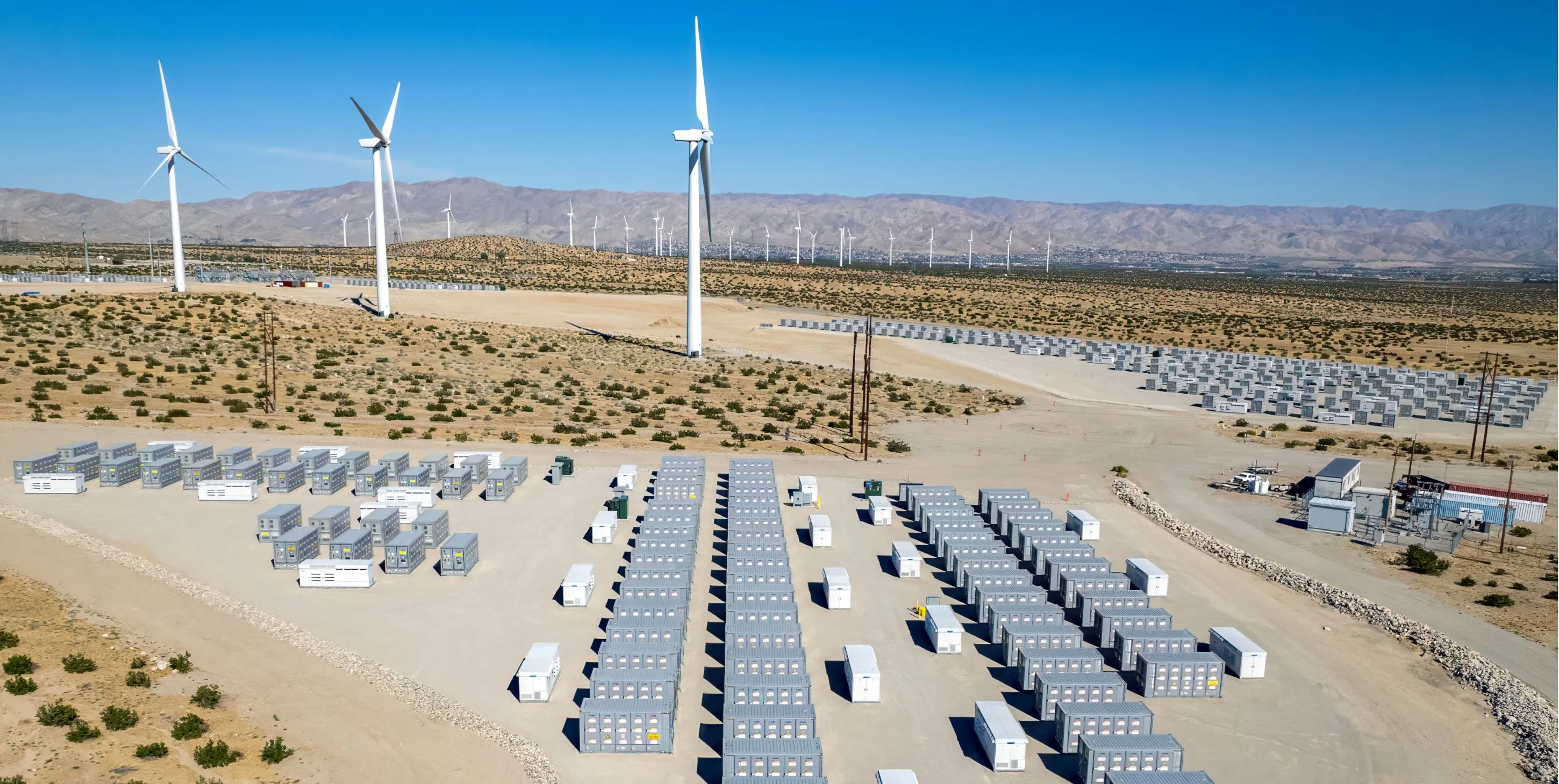 Battery storage array at power plant in the desert