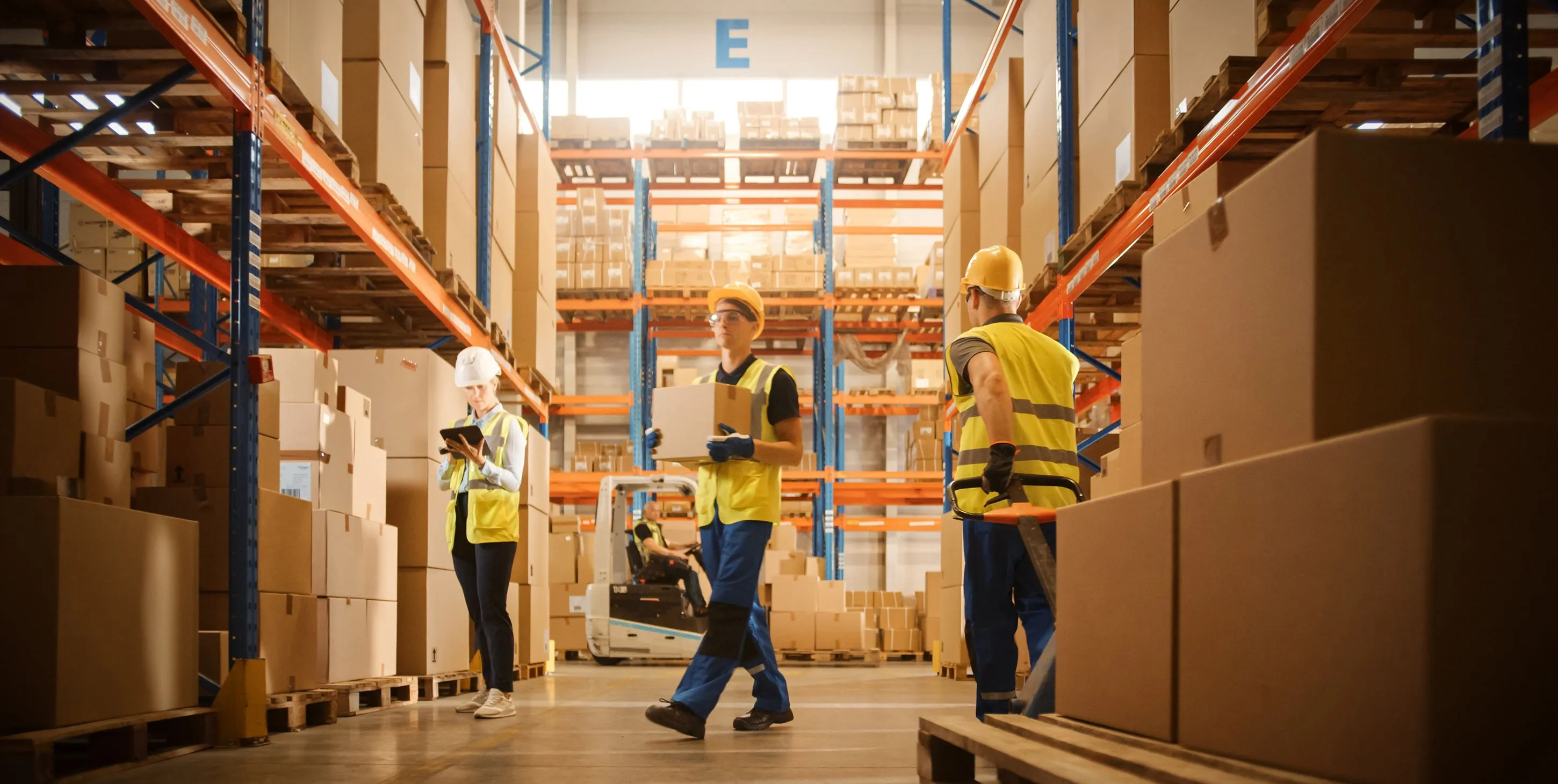 People working in big warehouse