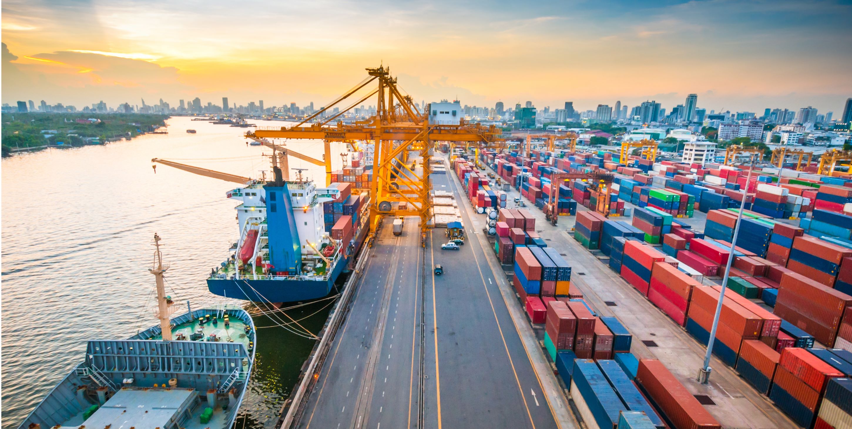 Aerial view of a busy shipping port