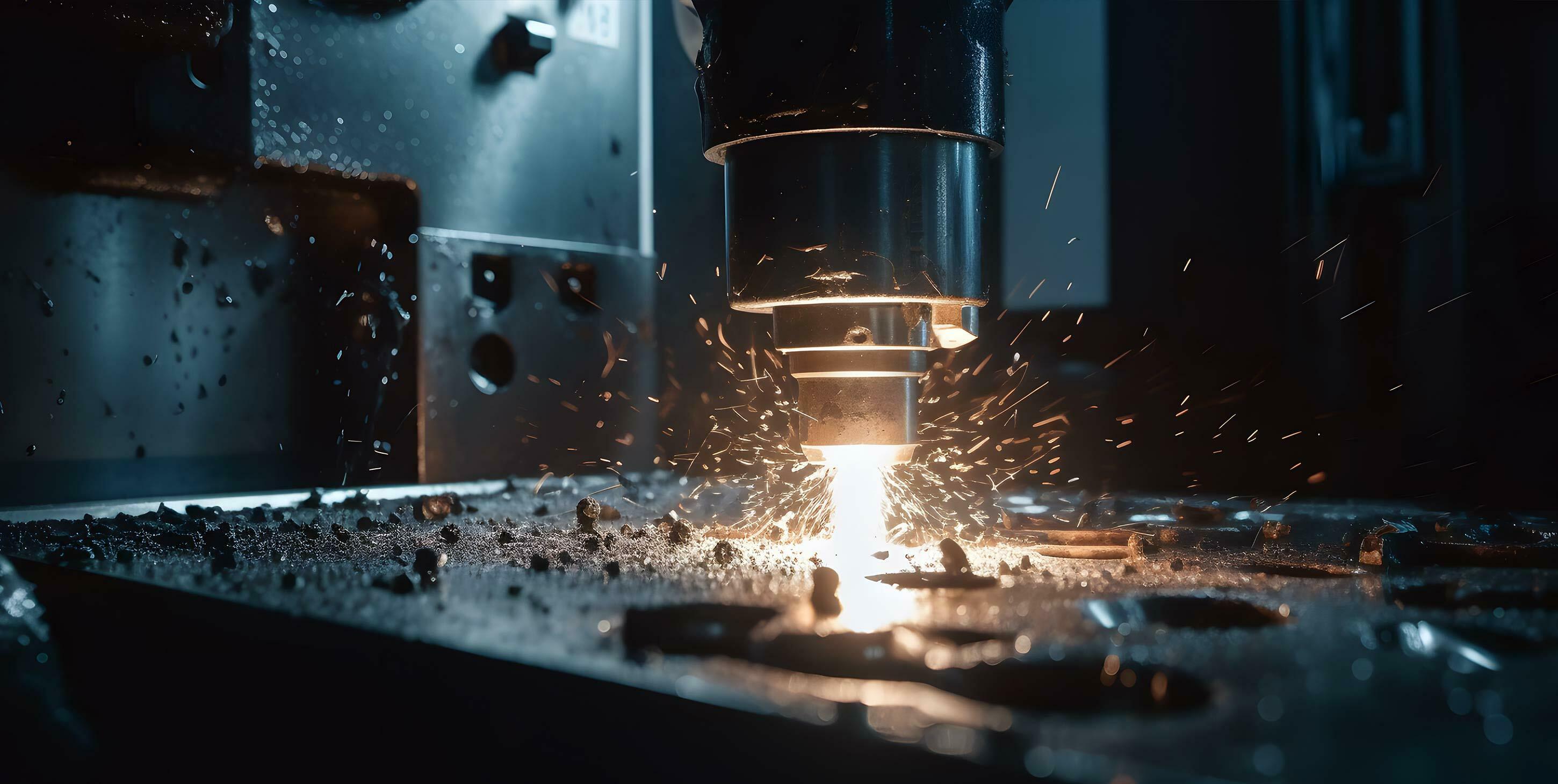 Close-up of a CNC machine cutting metal with sparks flying