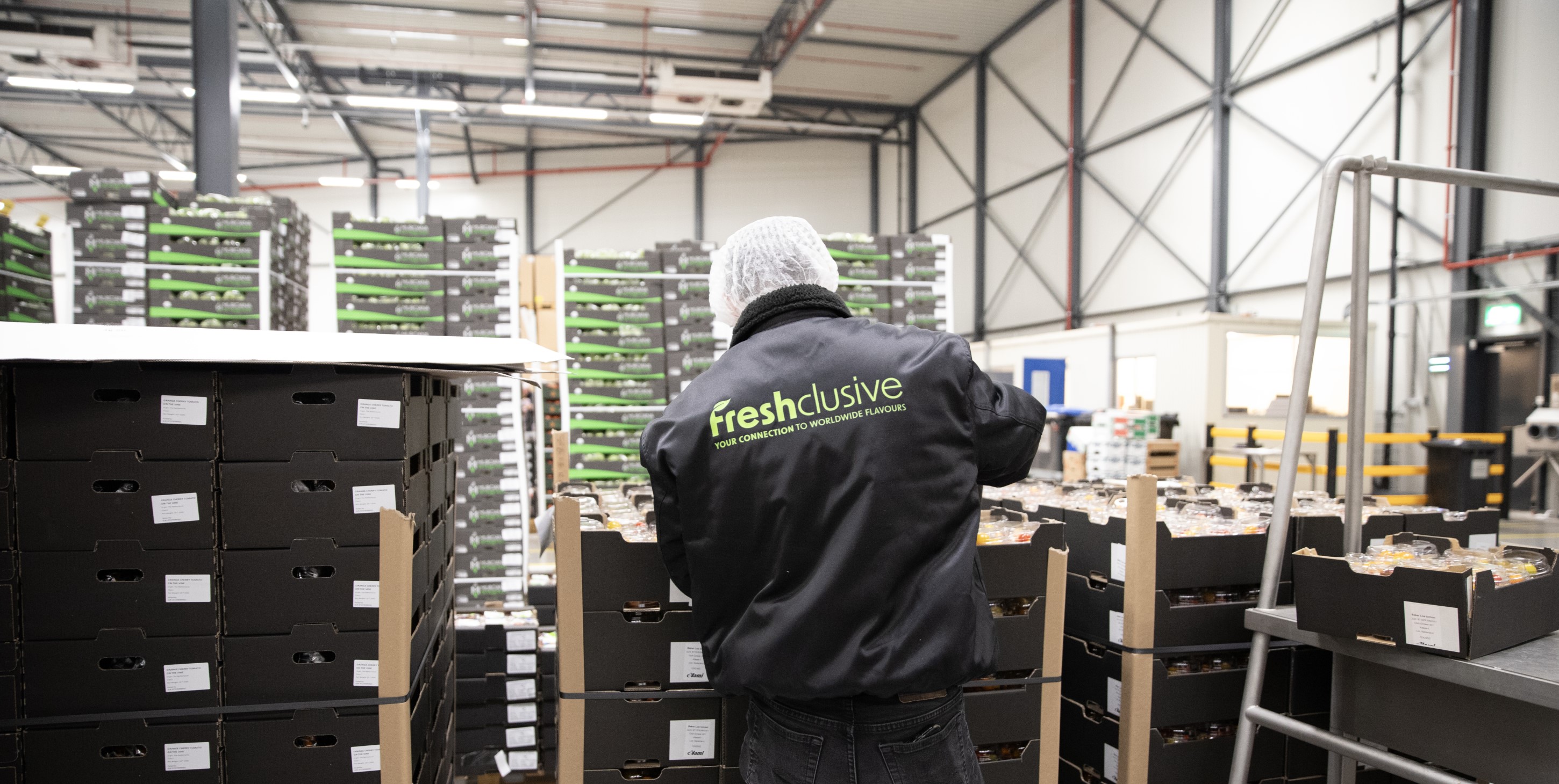 A warehouse worker with his back turned working hard