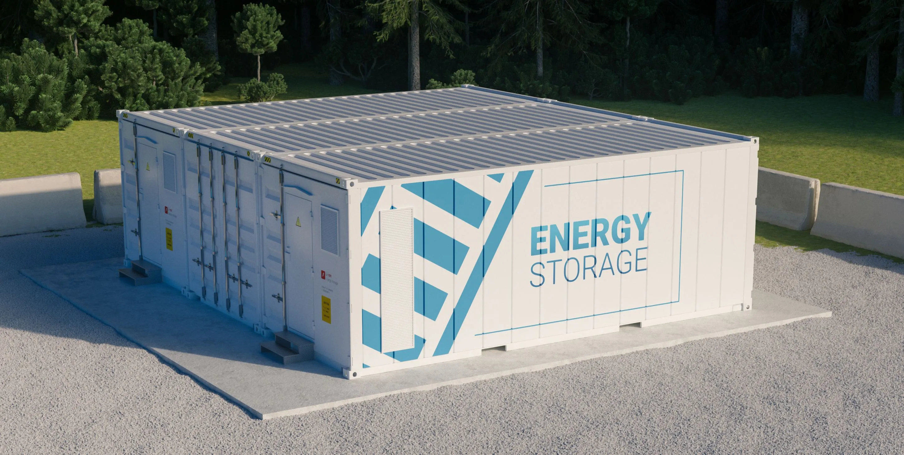 Energy storage unit consisting of multiple connected containers with batteries