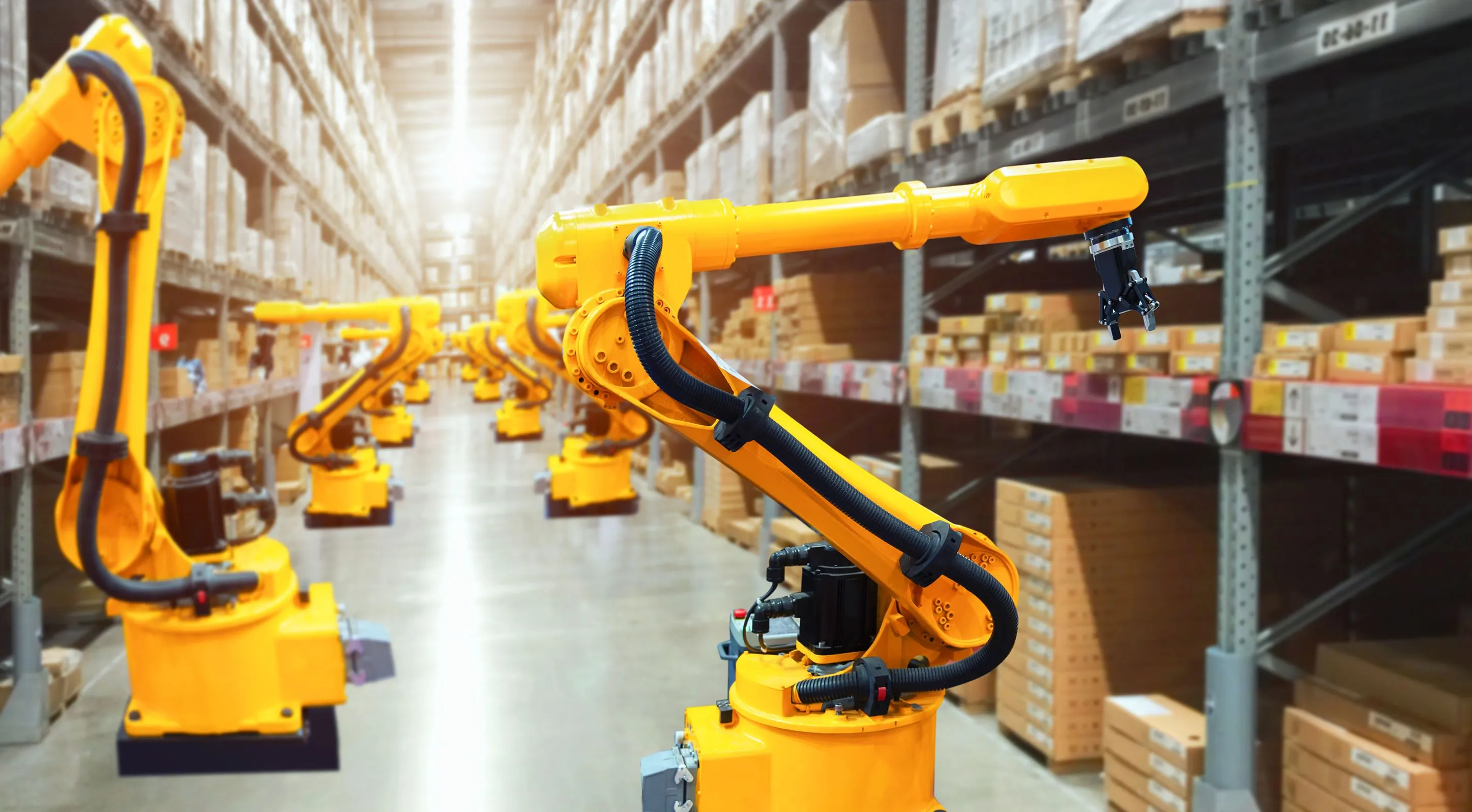 Robots packing the boxes in big warehouse