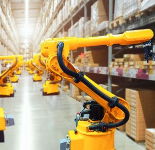 Robots packing the boxes in big warehouse