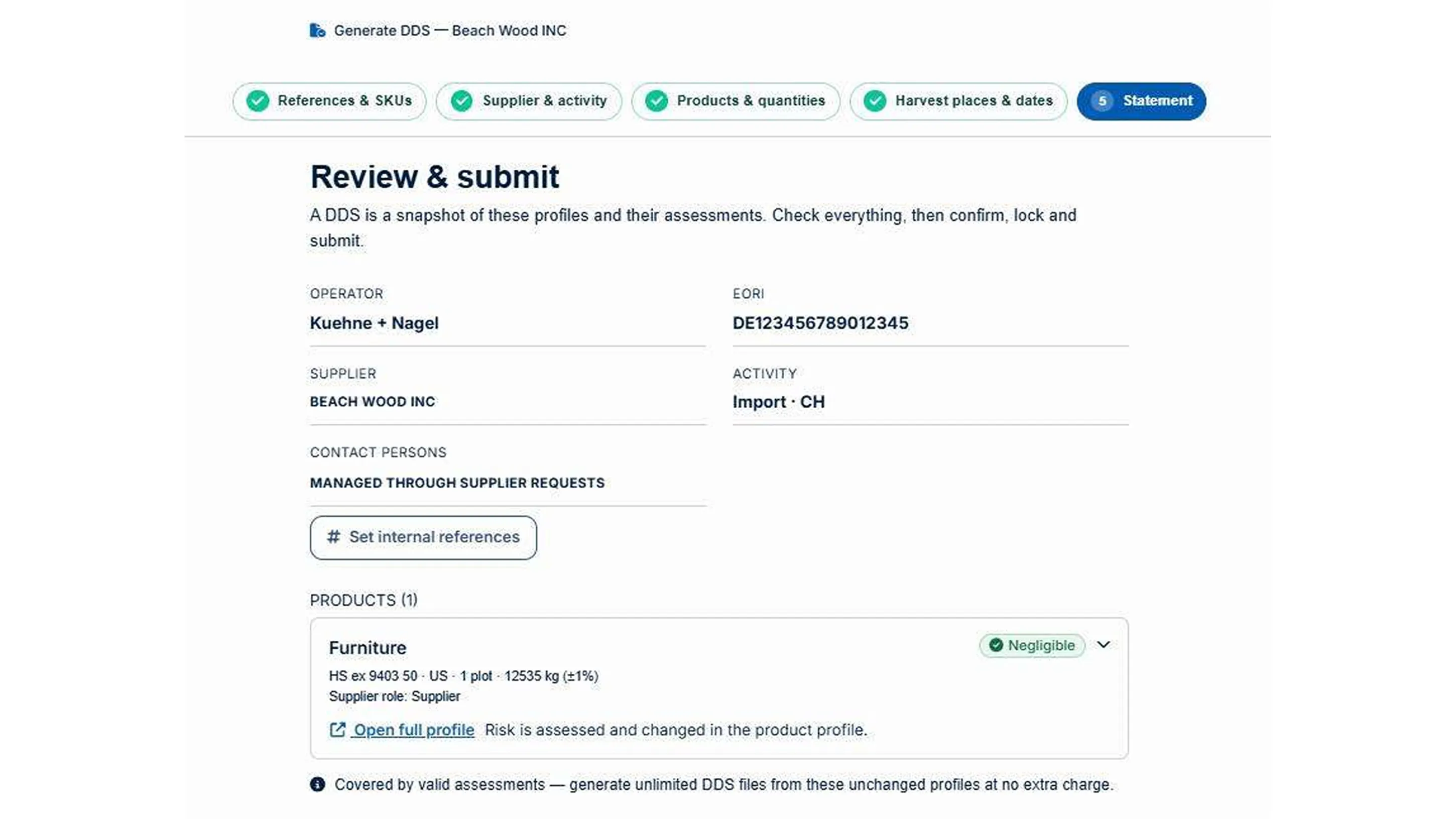 An intuitive feature within Kuehne+Nagel’s all-in-one digital EUDR solution for submitting Due Diligence Statements (DDSs) and obtaining DDSs reference numbers.