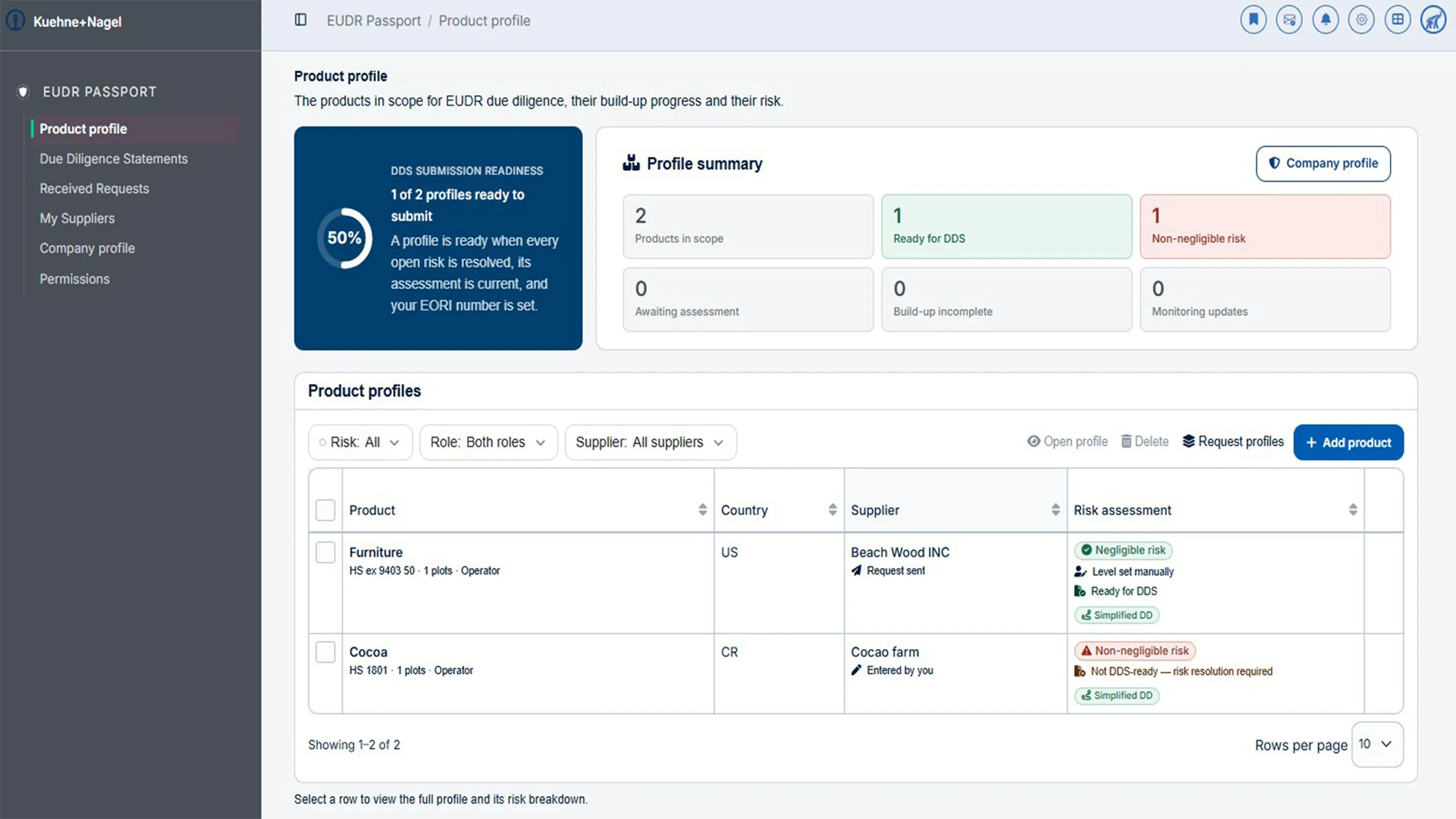 A dedicated product profile management feature within Kuehne+Nagel’s all-in-one digital EUDR solution.