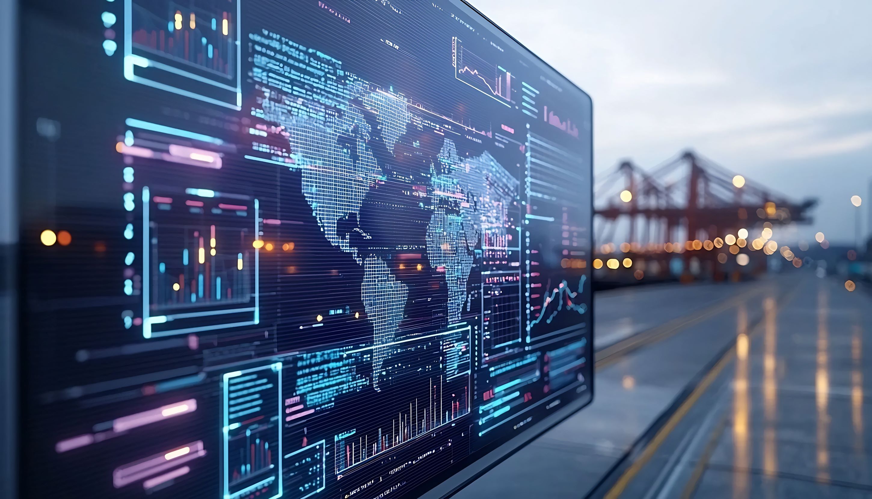 Screen with data in front of a harbour crane scene