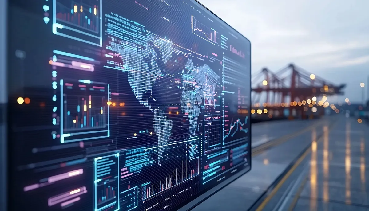 Screen with data in front of a harbour crane scene