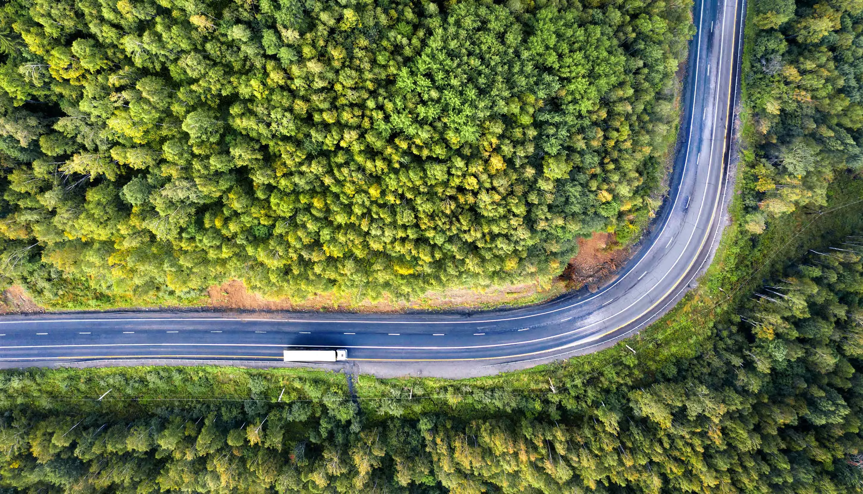 An aerial view of a truck driving through a forest.