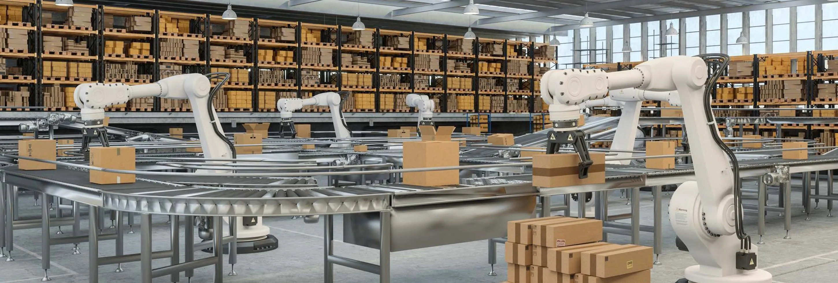 Automated robots efficiently packing boxes along the conveyor belt