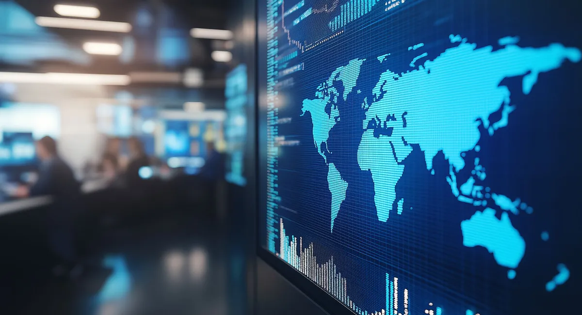 A close-up view of a monitor displays statistics surrounding a blue world map.