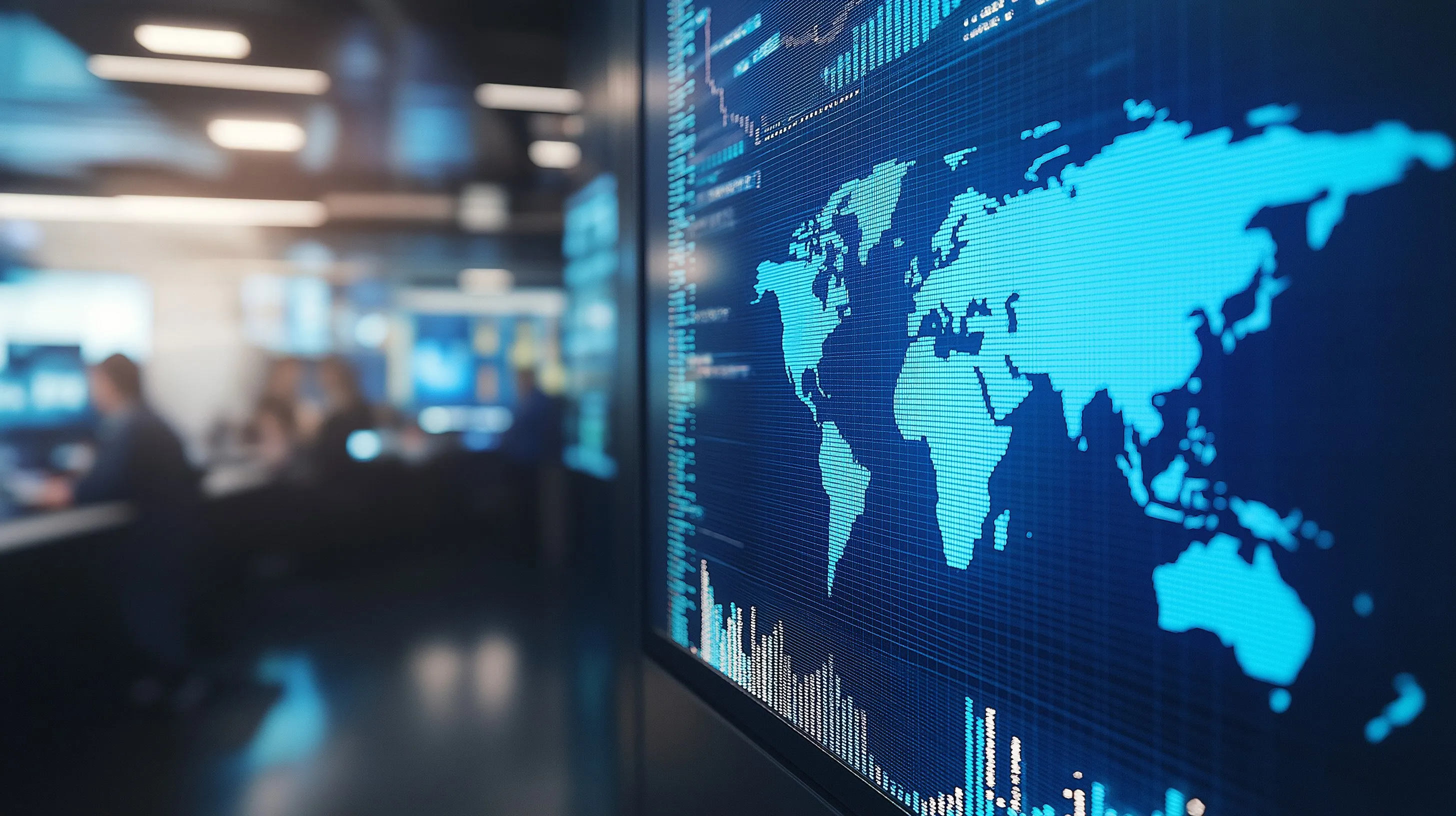A world map with data charts displayed on a digital screen in a modern office setting.