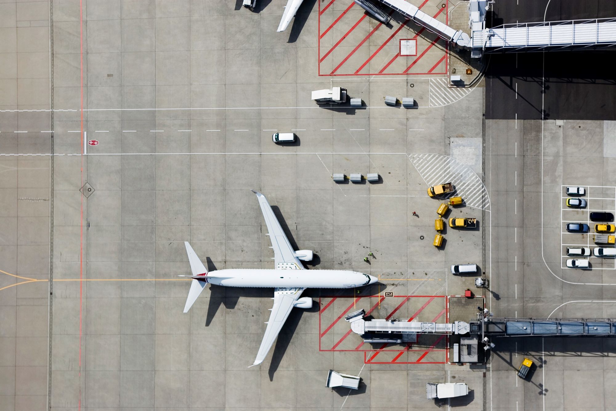 A top view of an airplane in an airport