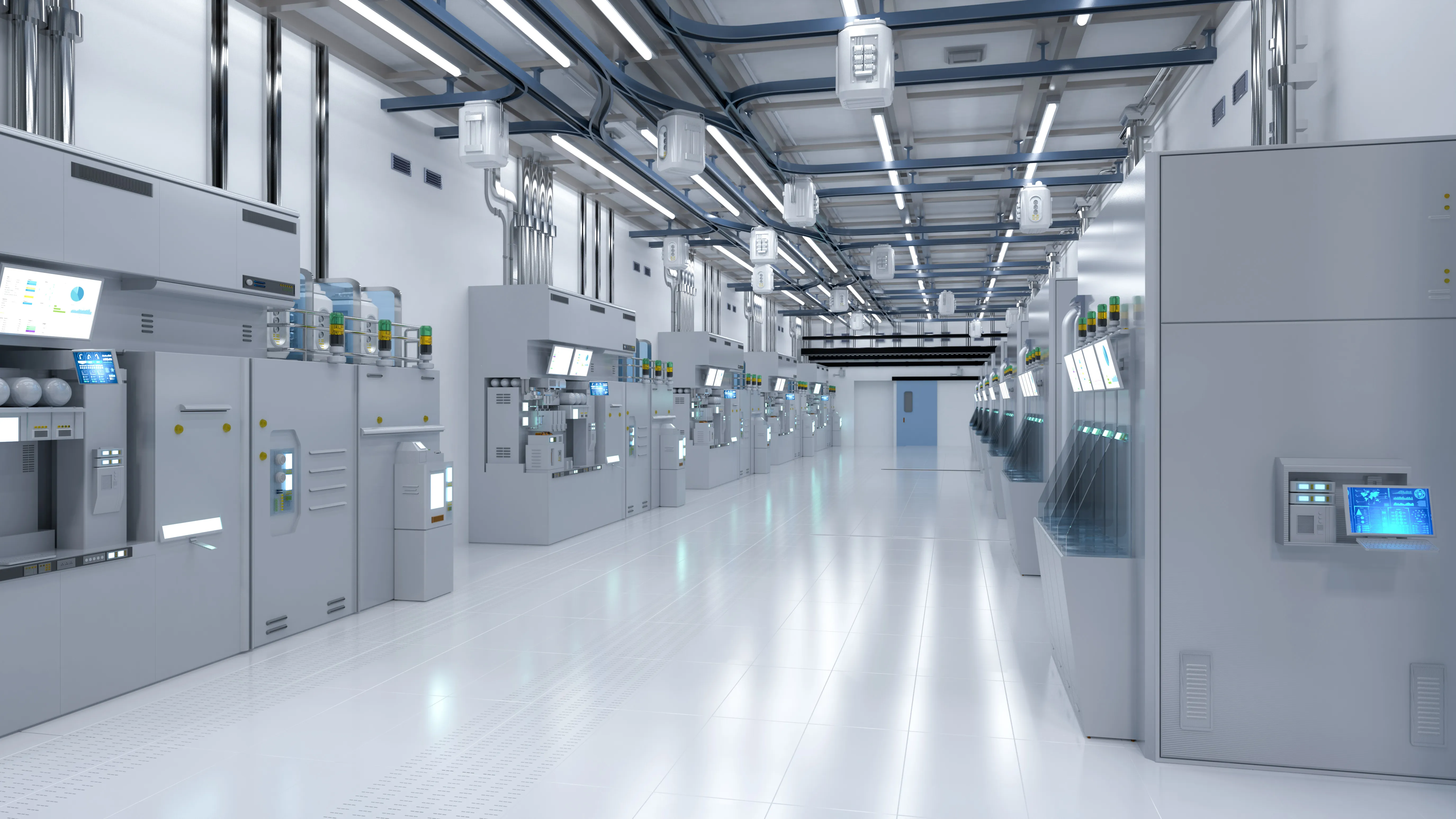 3D rendering white futuristic semiconductor manufacturing factory or laboratory interior with machine and computer screen