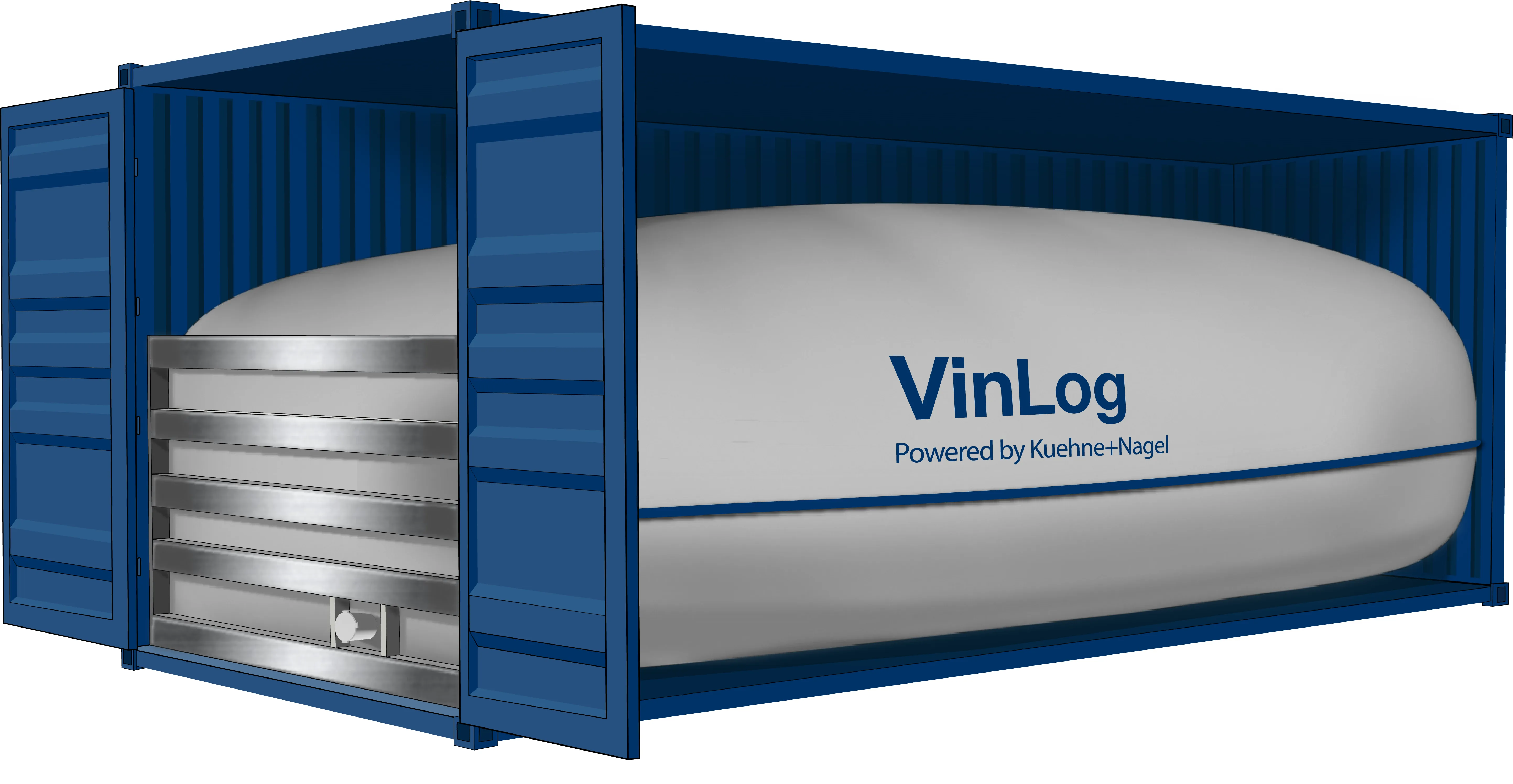 Container with vinlog flexitank Especially designed for the transport of liquid food, e.g. alcohols, fruit juices, edible oils