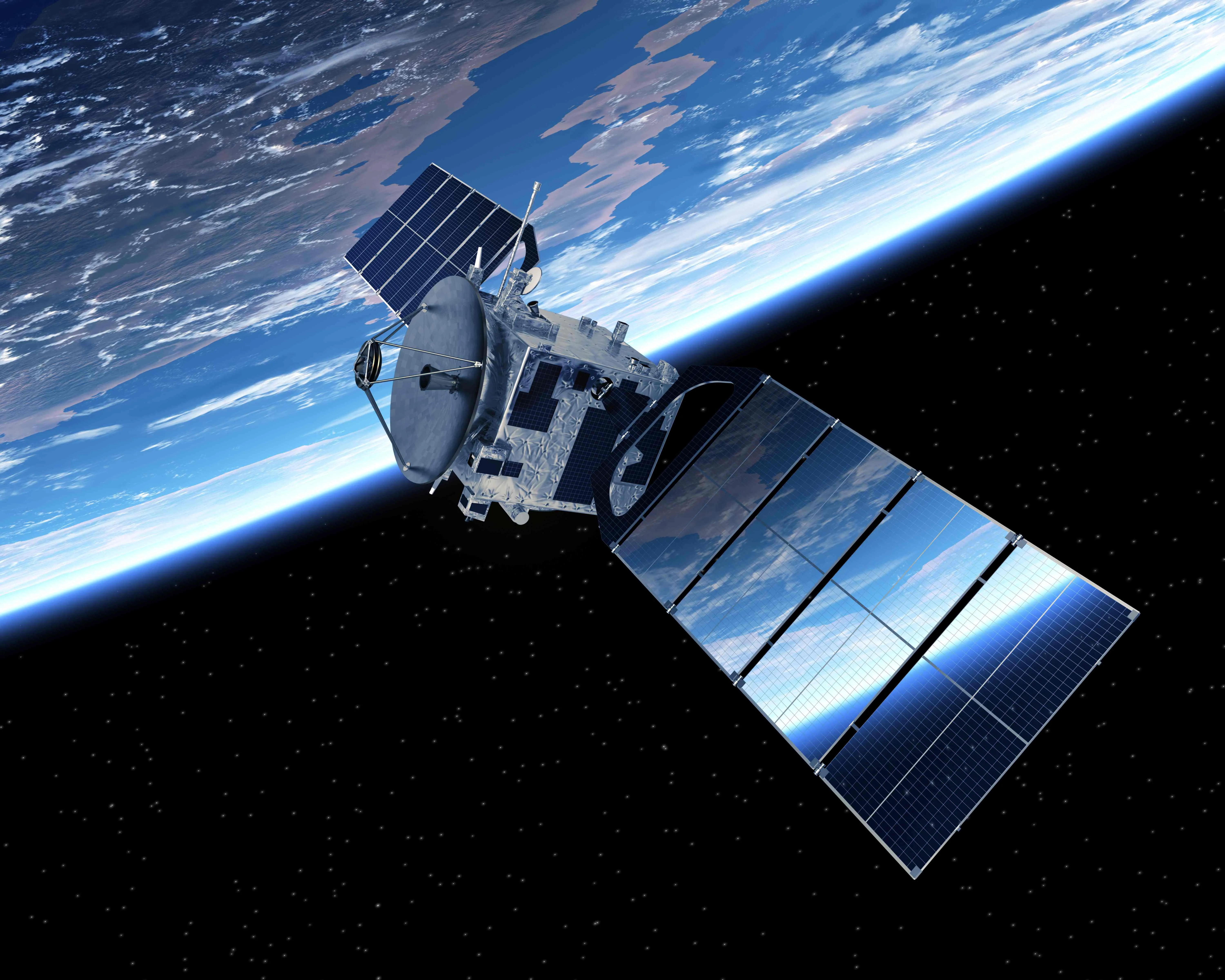 A satellite in space orbits the earth