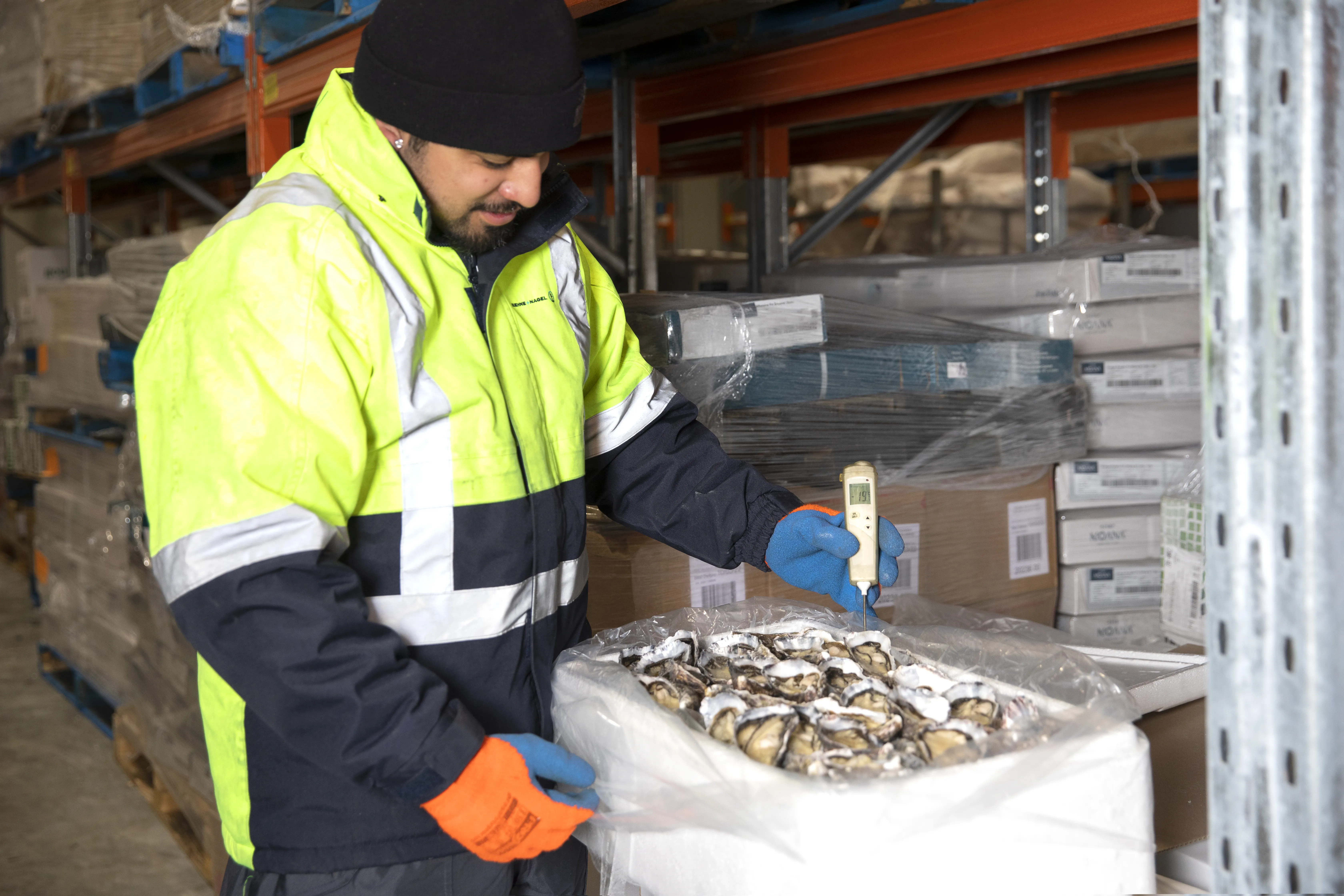 Worker testing the temperature of the seafood