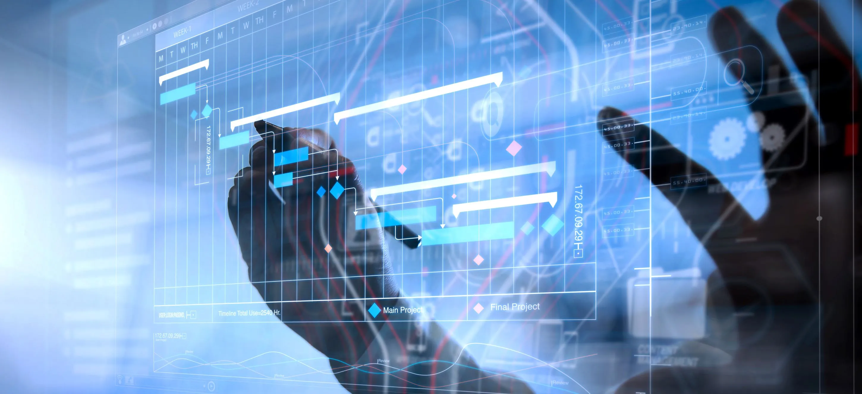 Professional engaging with an interactive digital dashboard to analyze project timelines and performance metrics