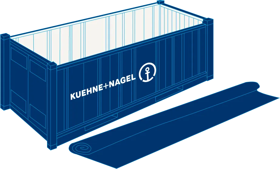 Blue container with 2 sizes (in feet): 20' / 40' with Kuehne+nagel logo and open top with removable tarpaulin